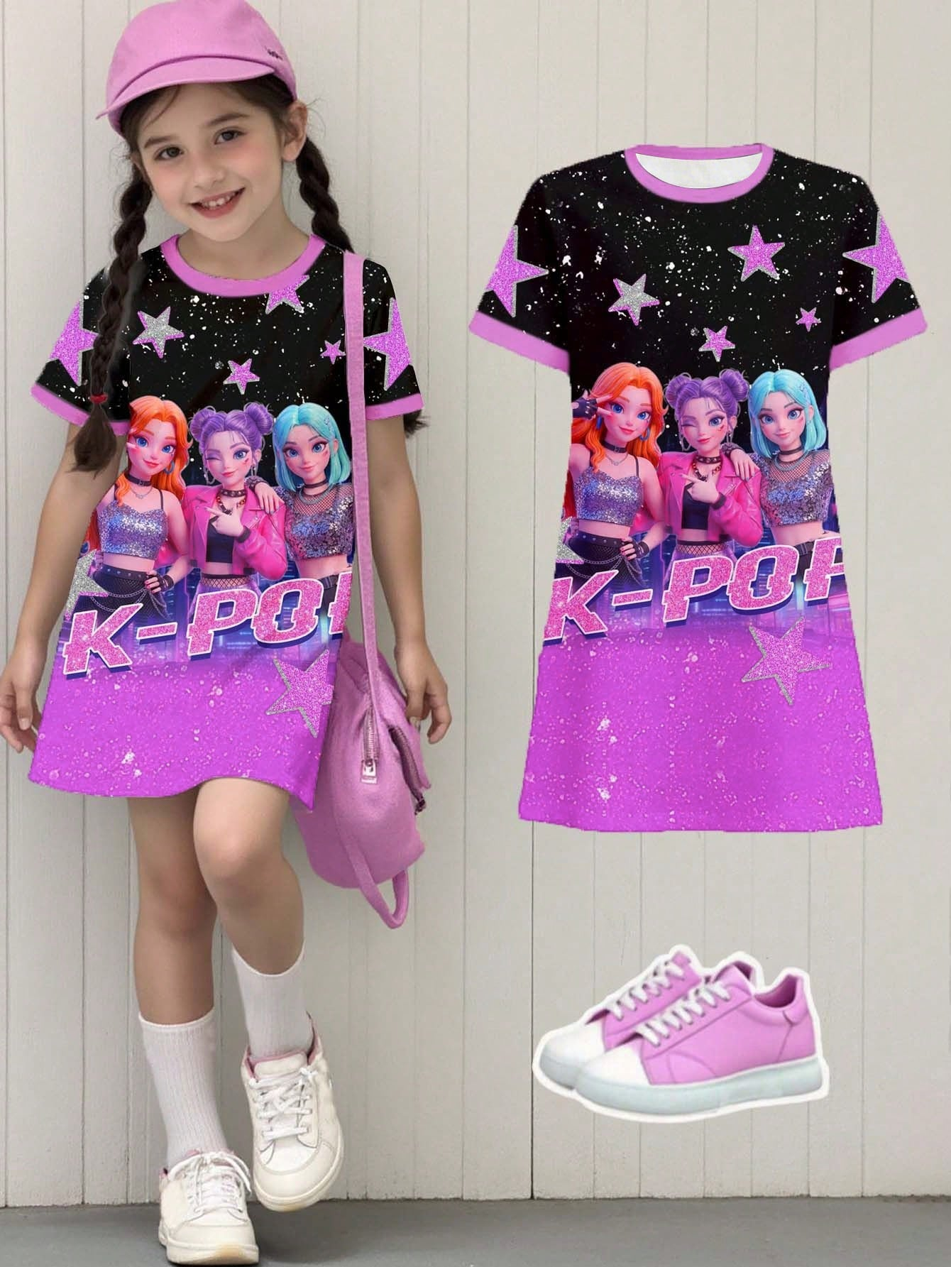 Black Pink Shiny Star Kpop Demon Hunter T-shirt Dress, Summer Short Sleeve Dress Gift