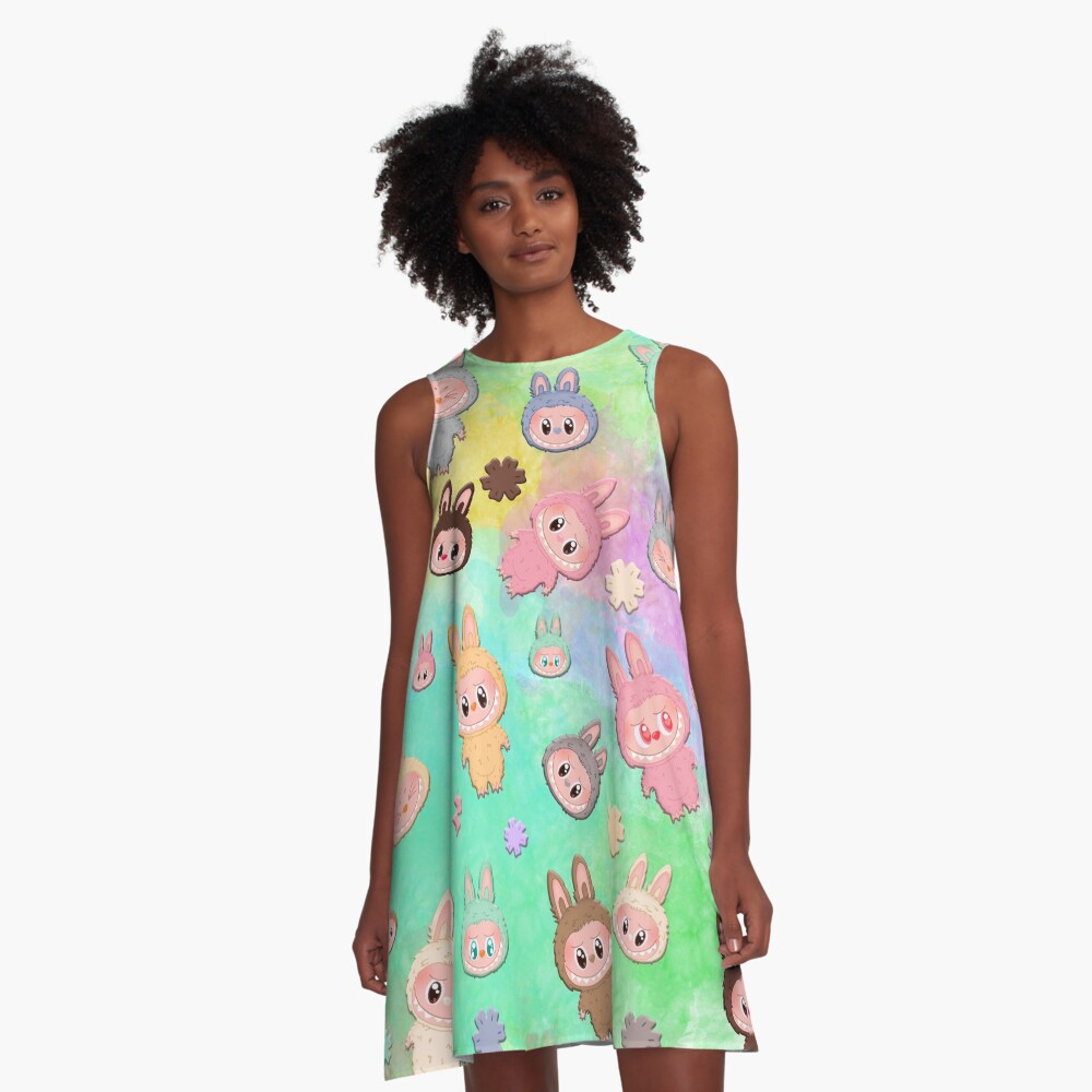 Labubu Pattern Emboss A-Line Dress, Gift for Her
