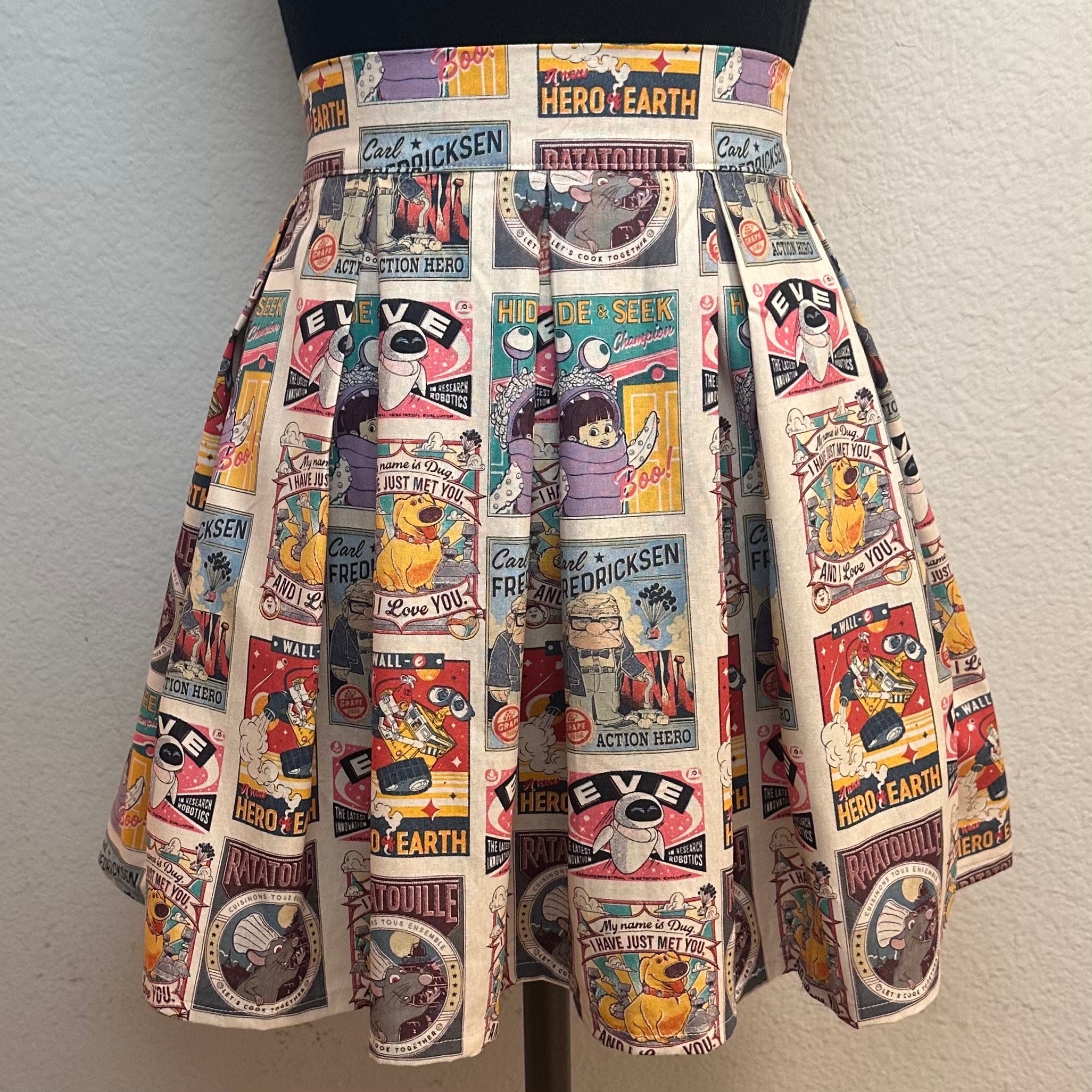 Handmade Skirt with POCKETS! Printed Pleated High Waisted Skater Skirt Made with Vintage Inspired Pixar Posters Fabric