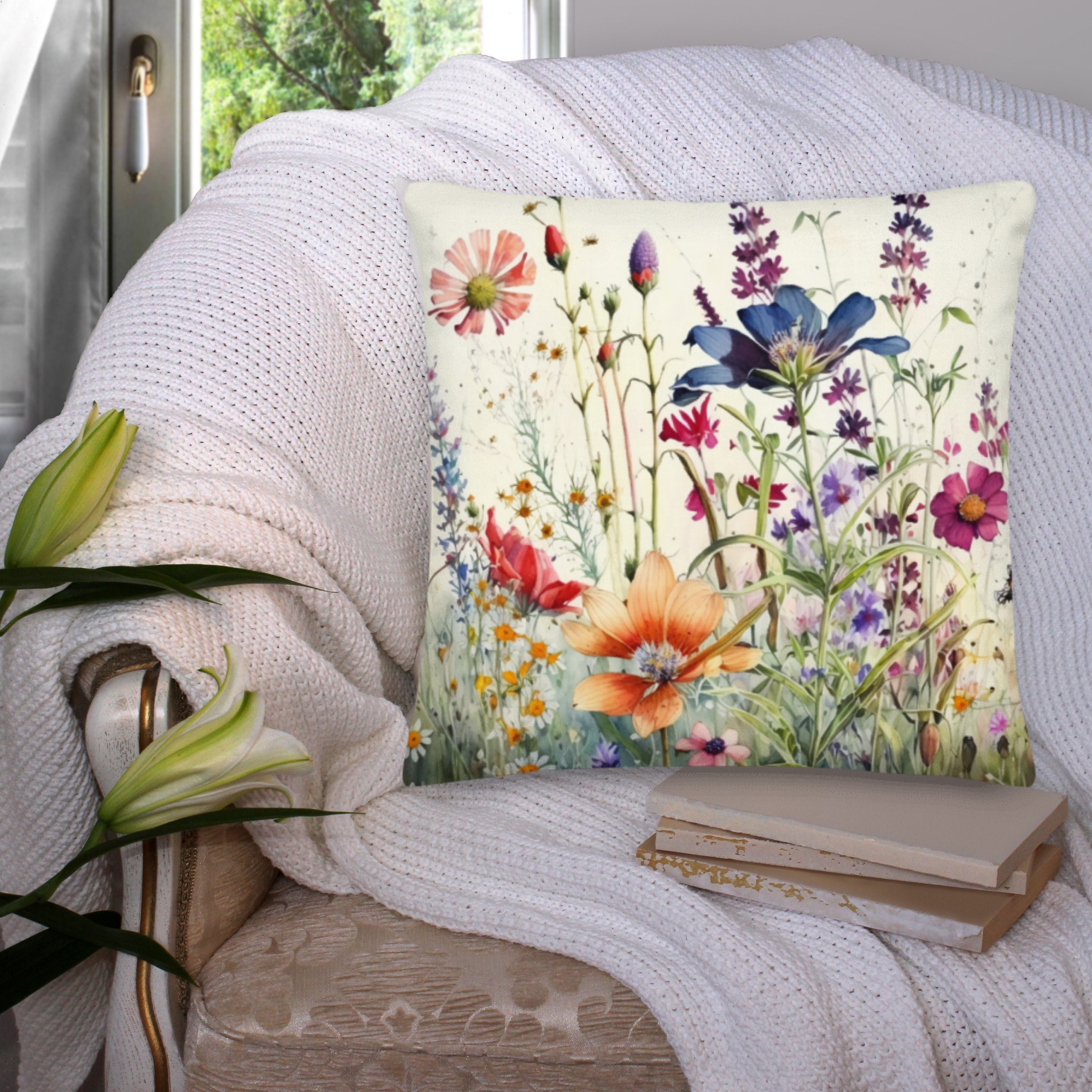 Watercolor Floral Throw Pillow Abstract Flower Field pillow Square Wildflowers Pillow