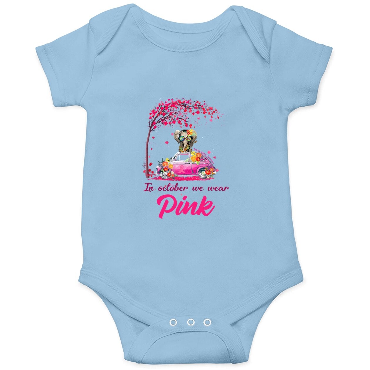 In October We Wear Pink Elephant Truck Breast Cancer Baby Bodysuit