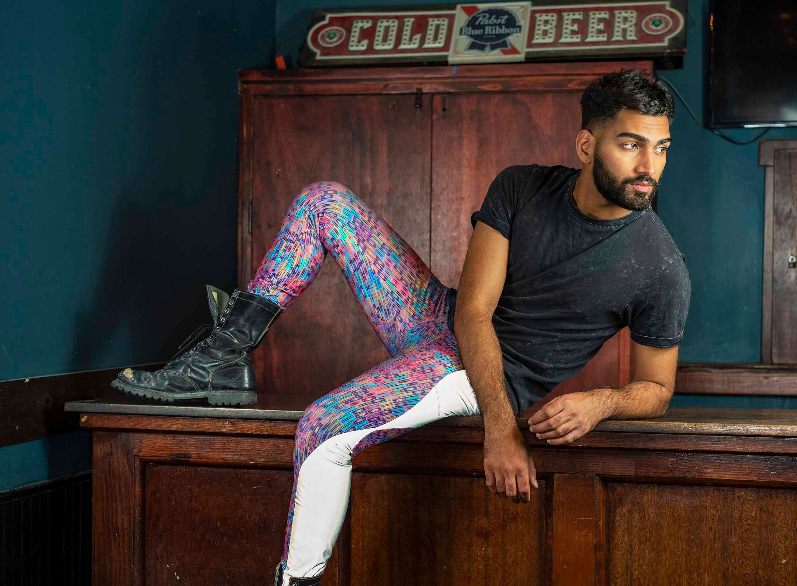Sparkly meggings holographic leggings mens tights futuristic clothing men printed leggings