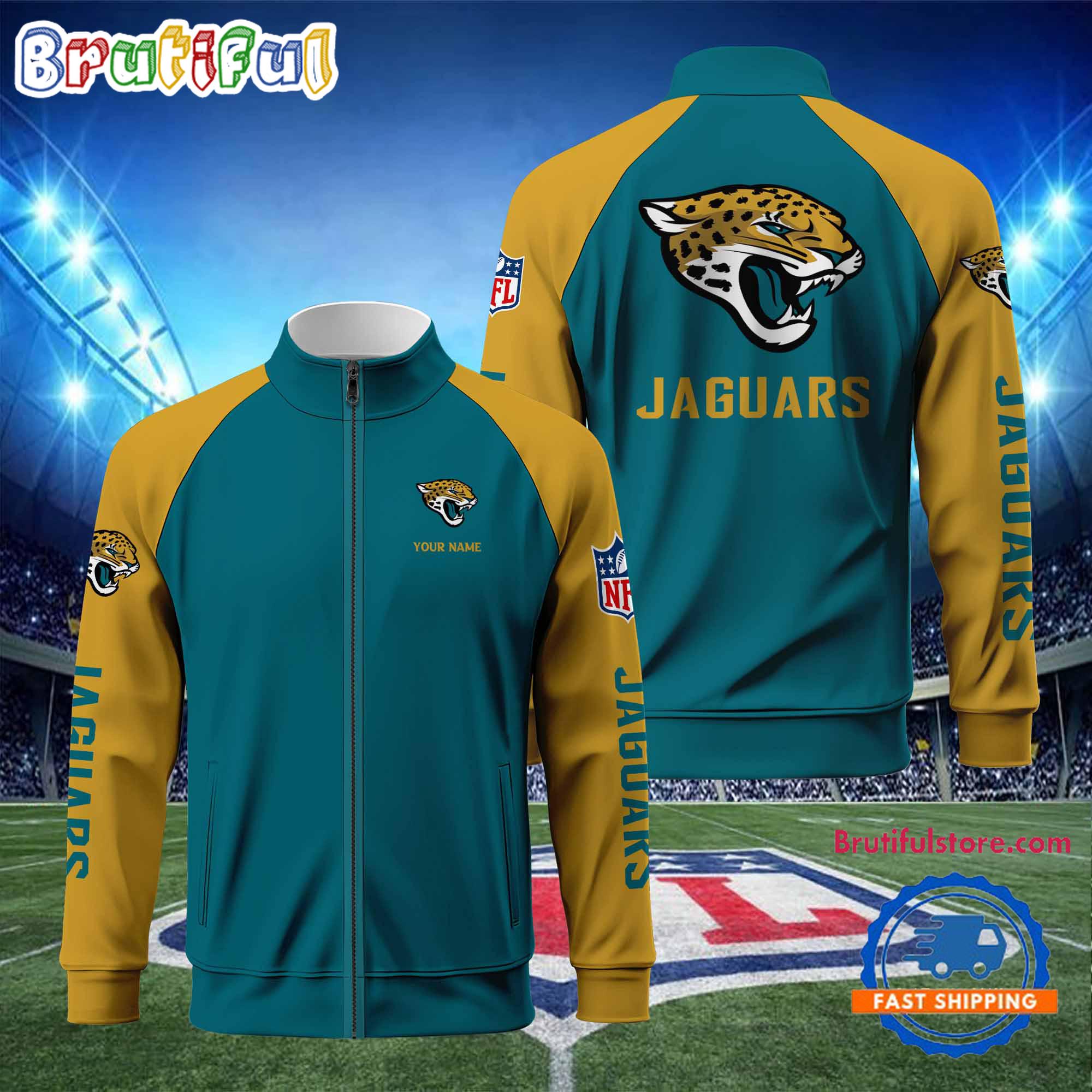 Jacksonville Jaguars Football Team Custom Name Standing Neck Zipper Jacket
