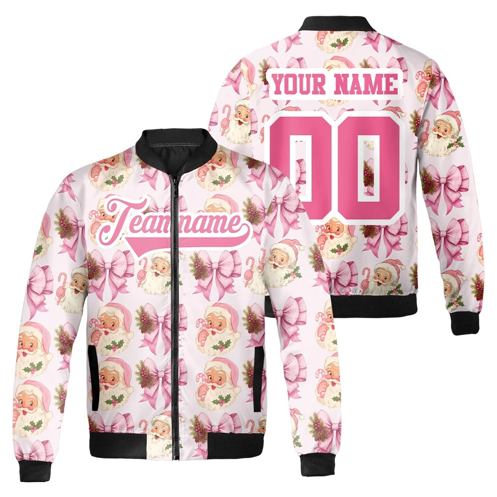 Personalized Santa Claus Pink Coquette Bow Festive Christmas Gift Bomber Jacket