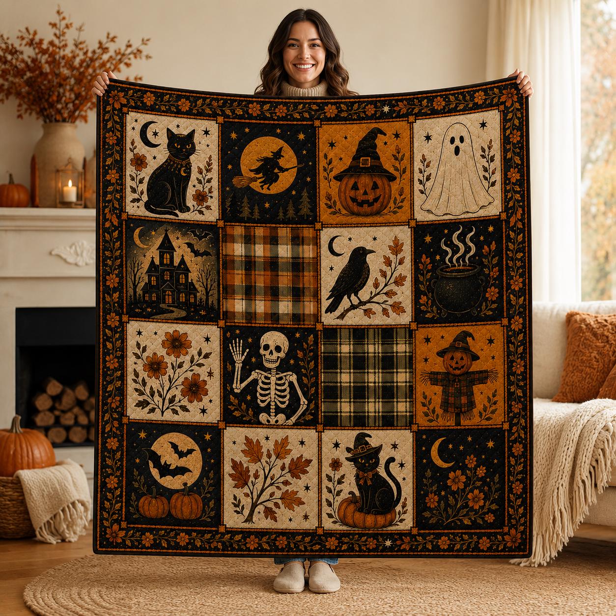 Halloween Patchwork Quilt Blanket, Trick Or Treat Quilt, Black Cat Ghost Pumpkin Fall Quilt, Gothic Fall Home Decor, Cat Lover Gift