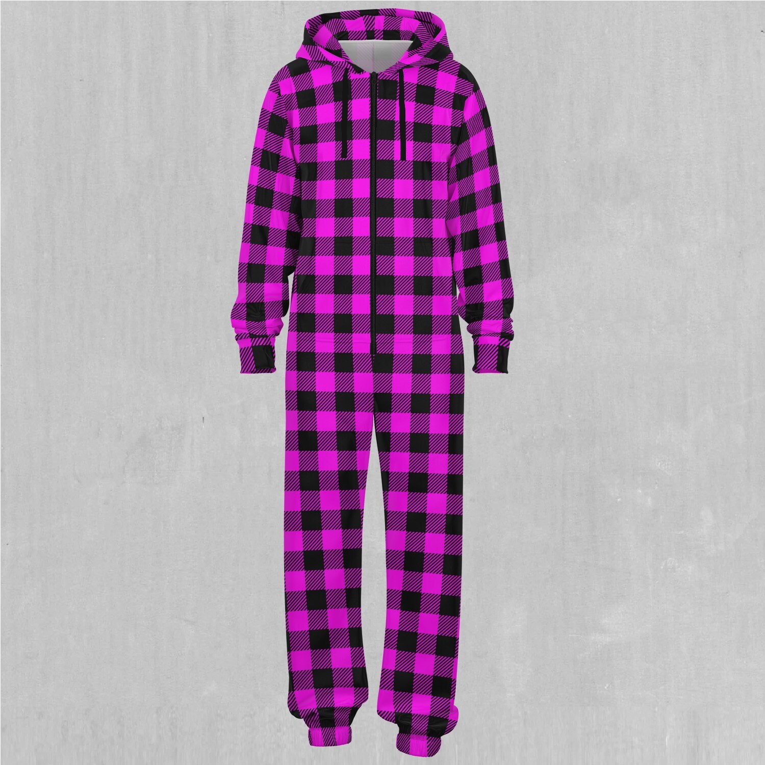 Pink Checkered Plaid Adult Zip Up Jumpsuit Pajamas
