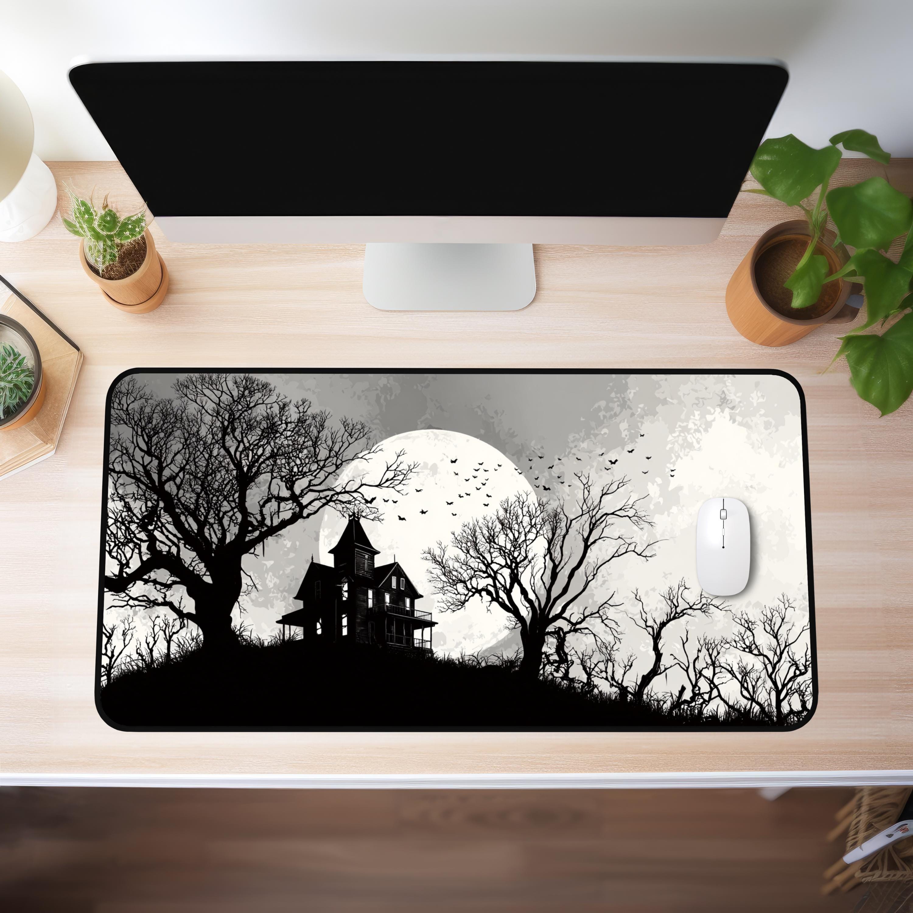 Haunted House Mouse Pad Gothic Halloween Desk Mat with Full Moon, Bats AND Spooky Trees Creepy Horror Gift for Gamers & Office Decor