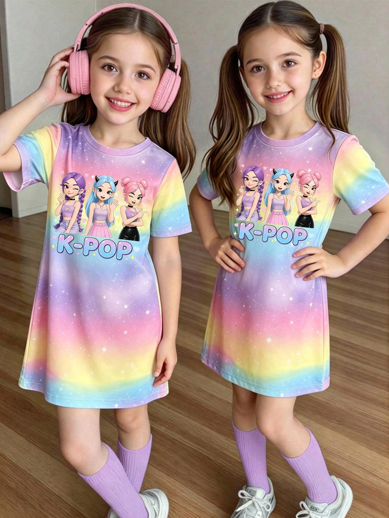 Girl Rainbow Gradient Galaxy Kpop Demon Hunter T-shirt Dress, Summer Short Sleeve Dress Gift