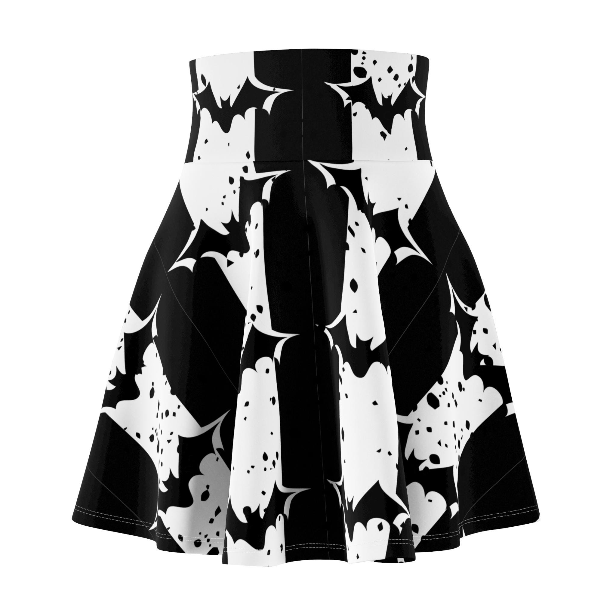 Halloween Skirt, Bats Circle Skirt, Spooky Season Skater Skirt, Black and White Gothic Clothes, Plus Size Goth Skirts