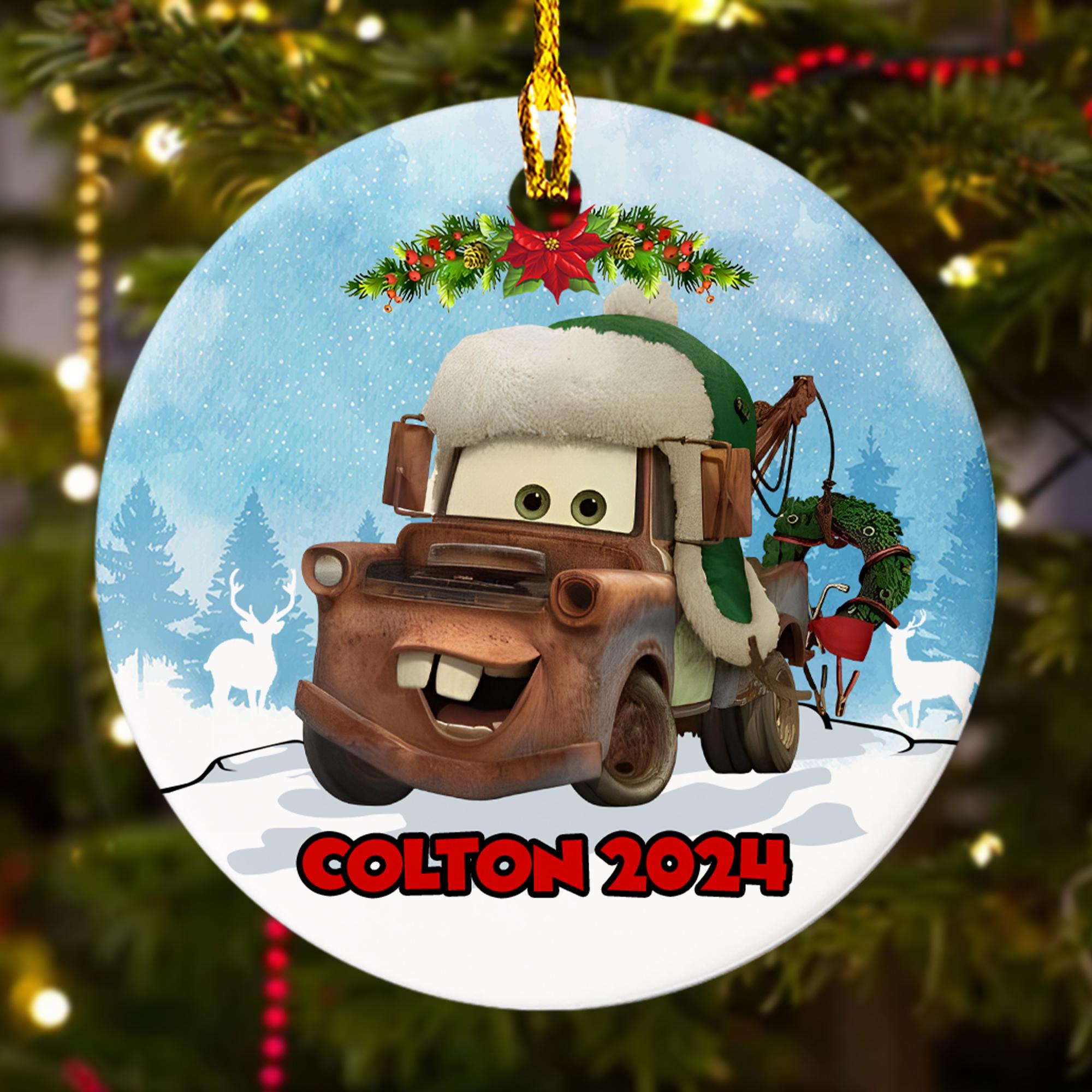 Personalized Racing Car Christmas Ornament, Customized 2024 Christmas Tree Decor, Brown Car Character Gift For Kid, Car Lover Xmas Keepsake