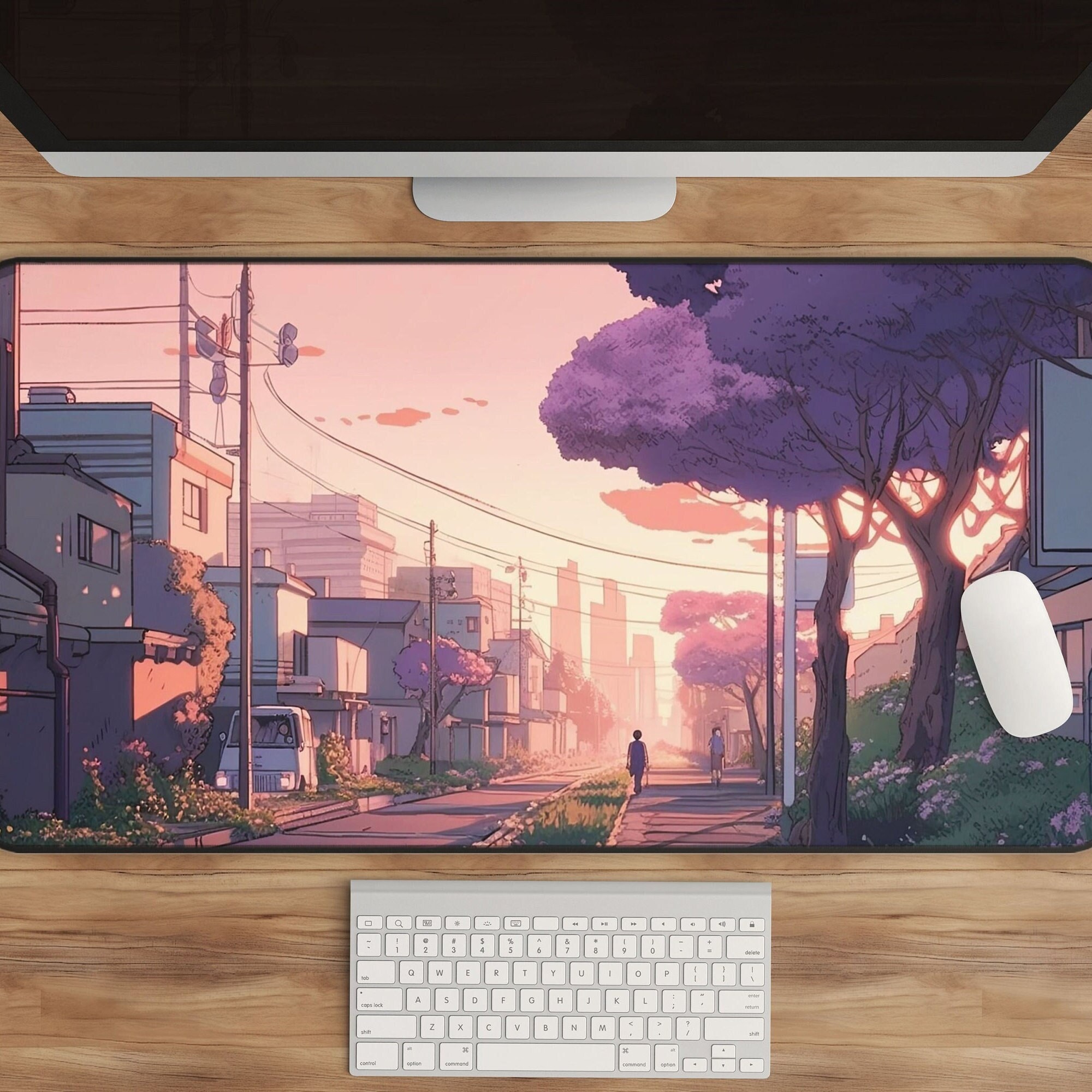 Anime Sunset City Desk Mat – Purple City Artwork with Japanese Aesthetics for Gamers and Anime Enthusiasts