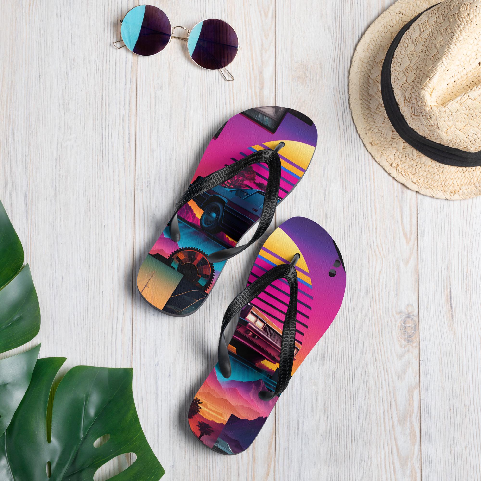Retro 80s Vaporwave Flip-Flops Aesthetic Neon Beach Sandals, Cyberpunk Summer Shoes, Trendy Synthwave Pool Slides, Cool Gift Idea