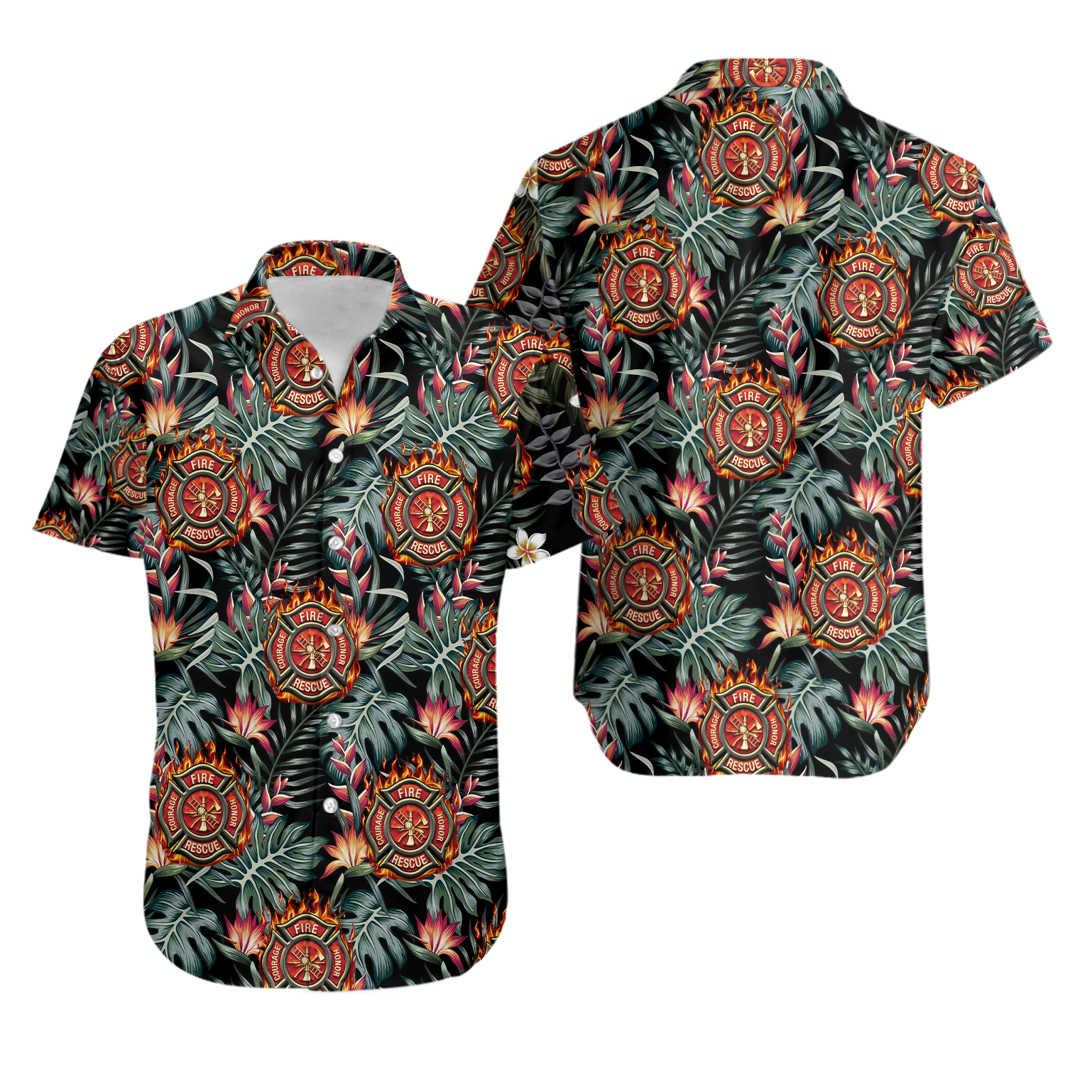 Firefighter Leaves Tropical Hawaiian Shirt Casual Button Down Shirt Beach Unisex