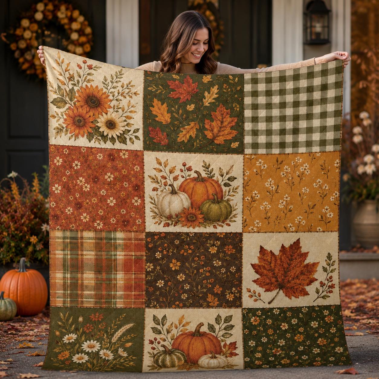 Autumn Quilt Blanket, Pumpkin Fall Throw Blanket, Vintage Farmhouse Quilt, Rustic Fall Season Blanket, Thanksgiving Home Decor