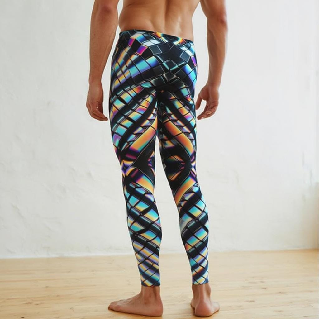 Electric Crystal Psychedelic Mens Leggings, Trippy Rave Festival Pants, Workout Cycling Athletic, Fitness Running, Exercise, Wrestling Pants