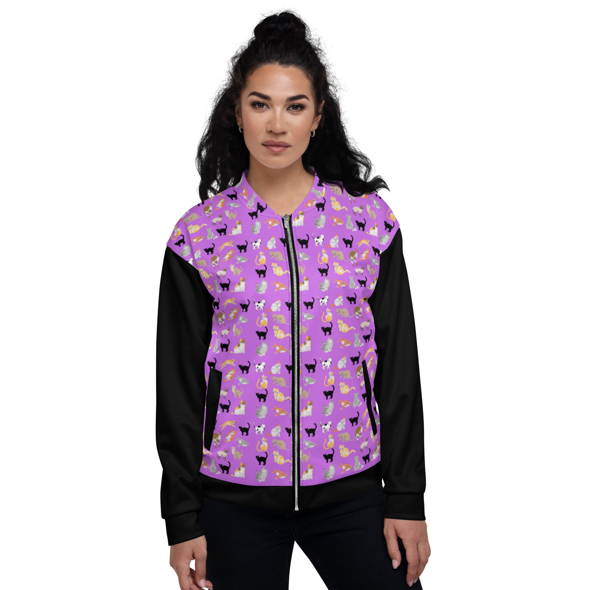 Womens Pink Purple Kitty Cat Print Bomber Jacket