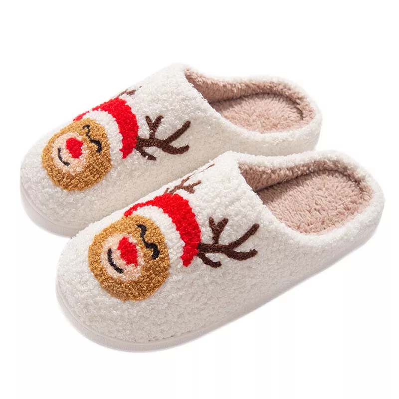 C# Christmas Elk Plush Slippers Anti Slip Cute Animal Slippers for Indoor Bedroo
