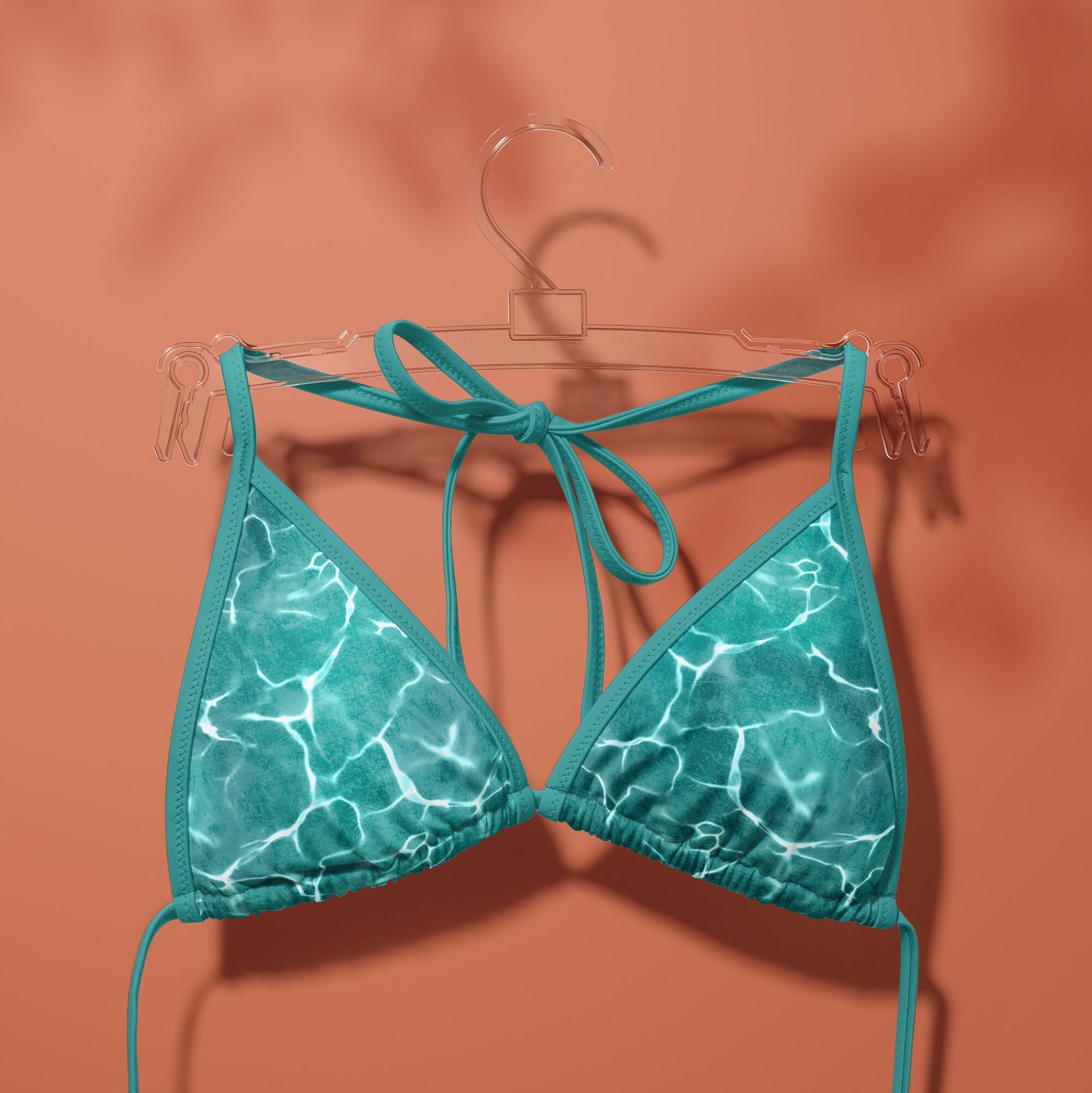 trendy triangle bikini for summer with water design, turquoise blue swimsuit, aesthetic vacation swimwear for women, beachwear