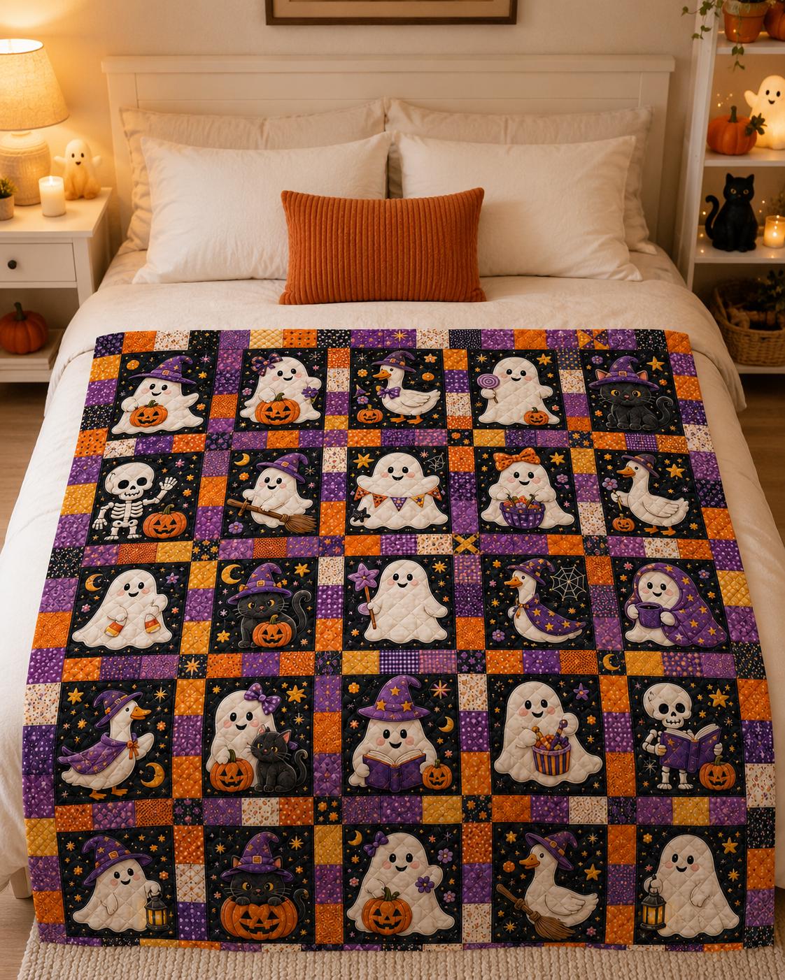 Halloween Quilt Blanket with Black Cat Skeleton and Patchwork Design