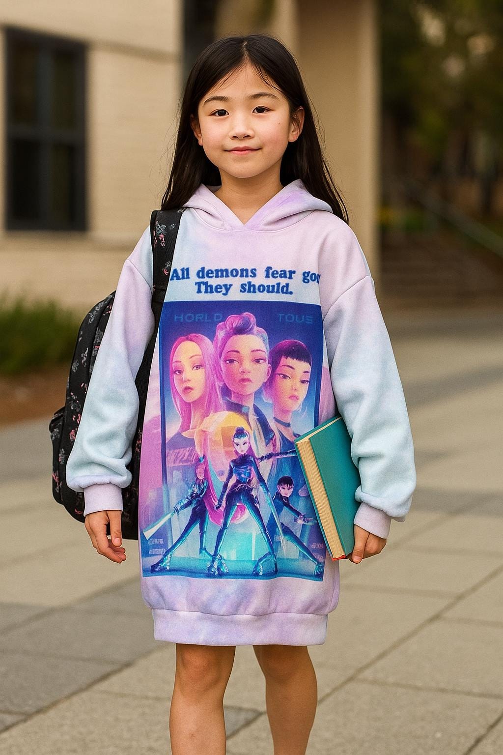 KPop Demon Hunter Hoodie Dress for Girls All-Over Print Long Hoodie, Korean Streetwear, Anime Kawaii Outfit, 200 GSM Soft Fabric