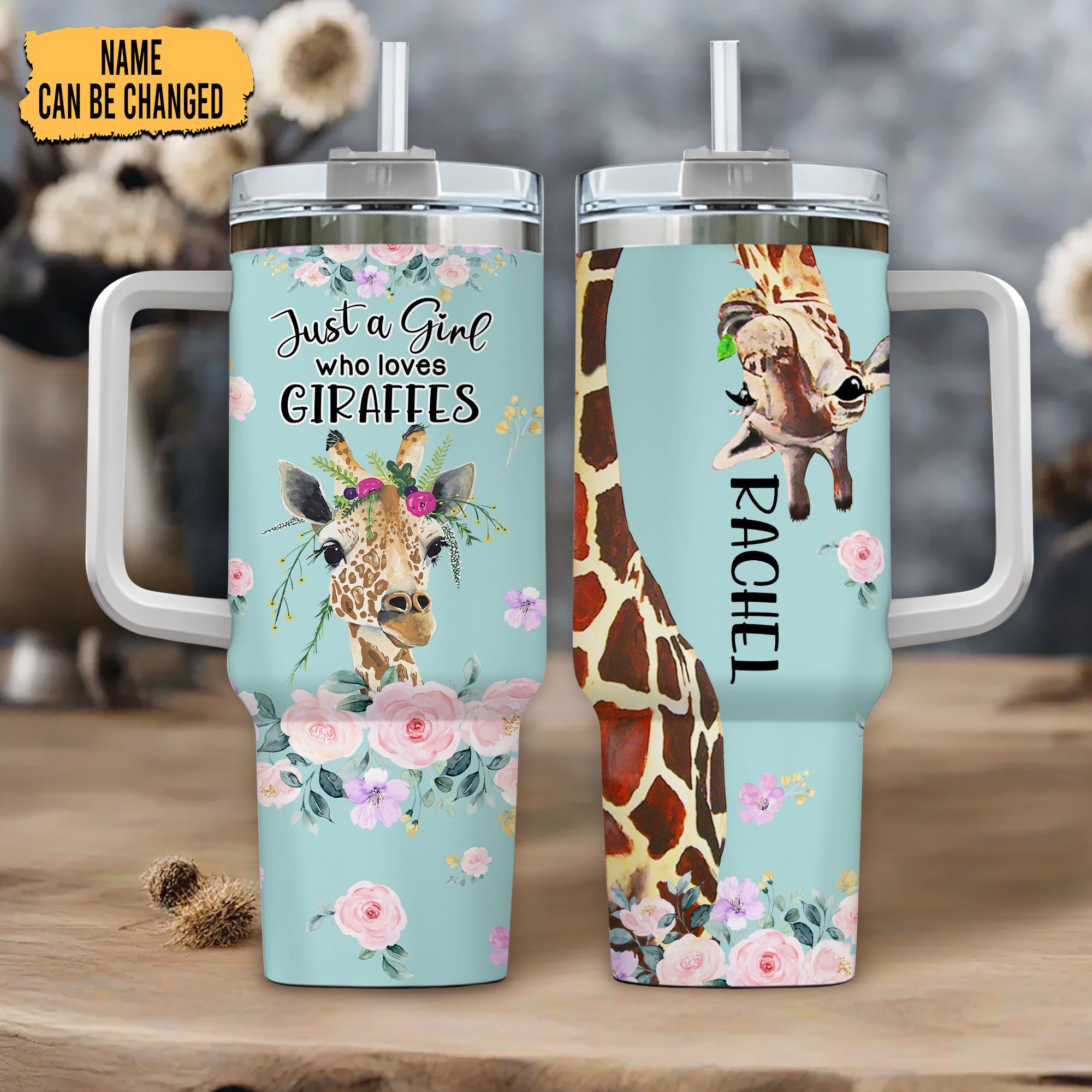 Personalized Giraffe Tumbler: 40oz Stainless Steel Cup with Handle & Straw