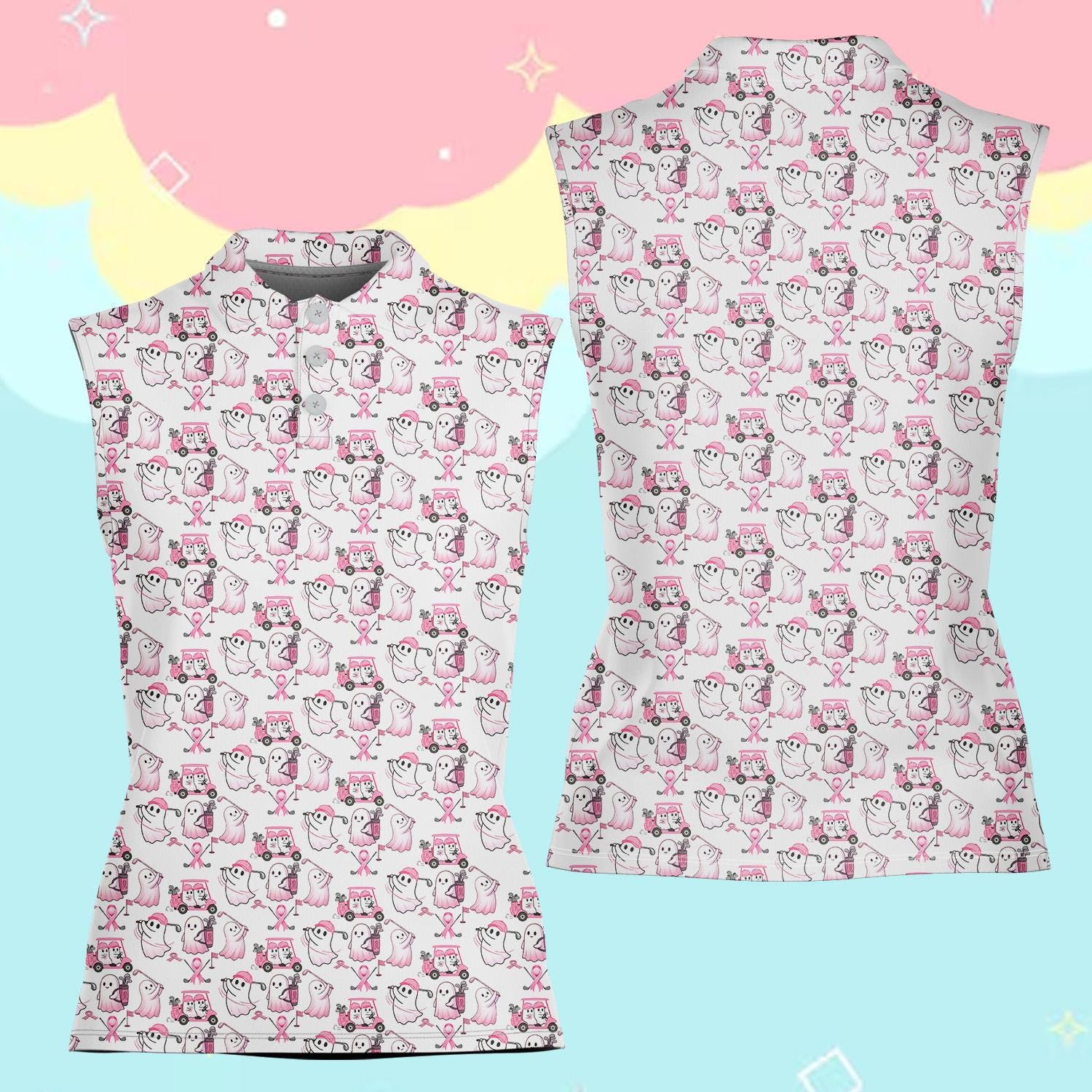 Women's Sleeveless Golf Polo Shirt, Breast Cancer Awareness Pink Ribbon Halloween Ghost Golf Cart Print, Casual Sport Top