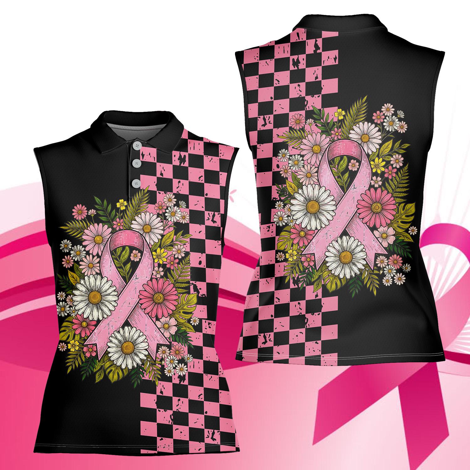 Women Sleeveless Polo Shirt, Breast Cancer Awareness Pink Ribbon Daisy Floral Checkerboard Golf Top, Breast Cancer Survivor Gift