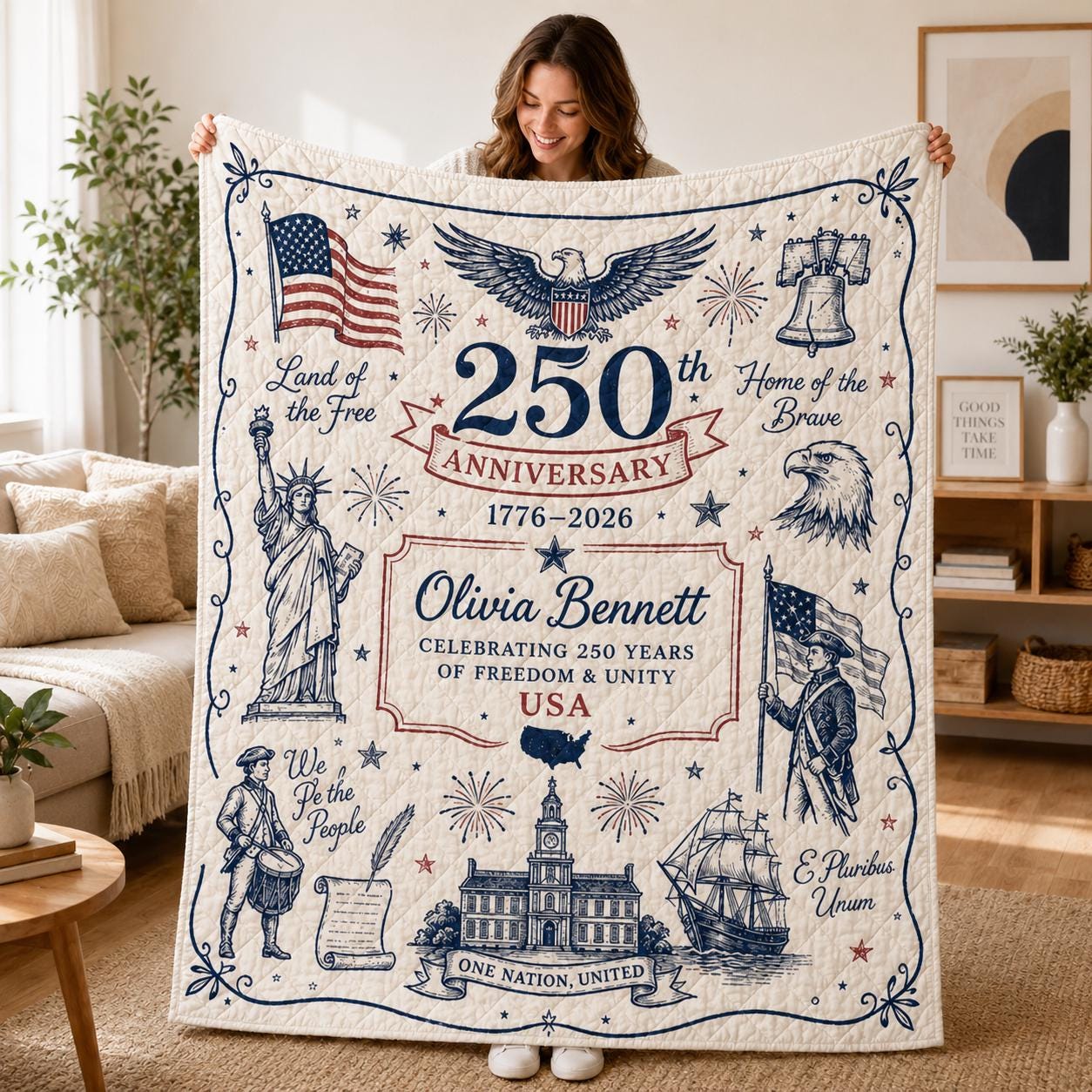 USA 250th Anniversary Quilt, Patriotic Blanket, America 1776-2026 Freedom Celebration Gift, Independence Day Americana Bedding Gift
