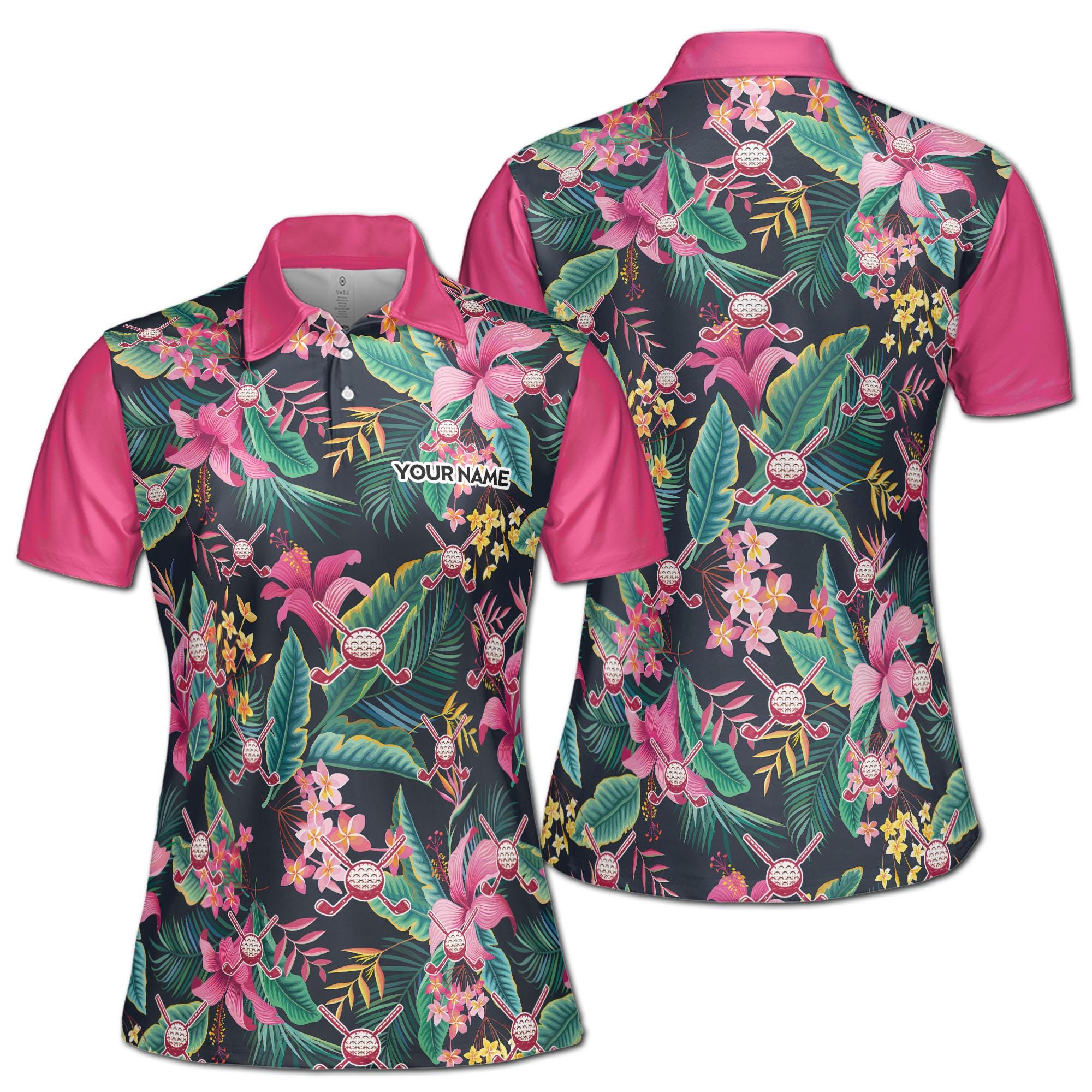 Custom Name Pink Floral Golfer Women's Polo Shirt