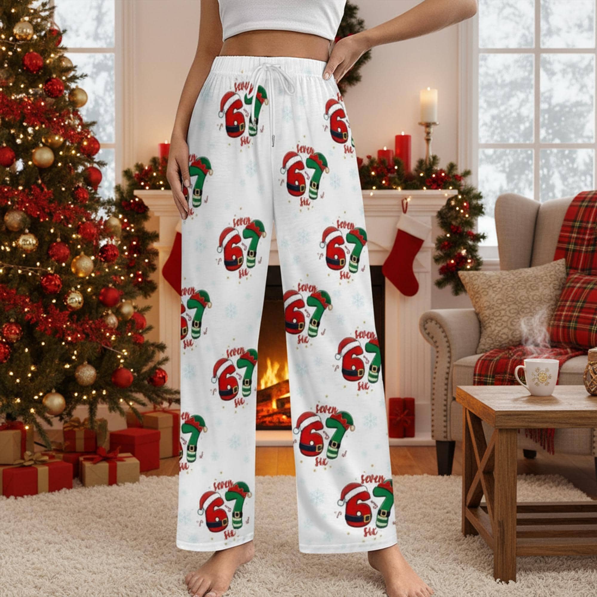 Six Seven Meme Christmas Contrast Pajama Pants for Women, Holiday Number Sleepwear Sets with Socks