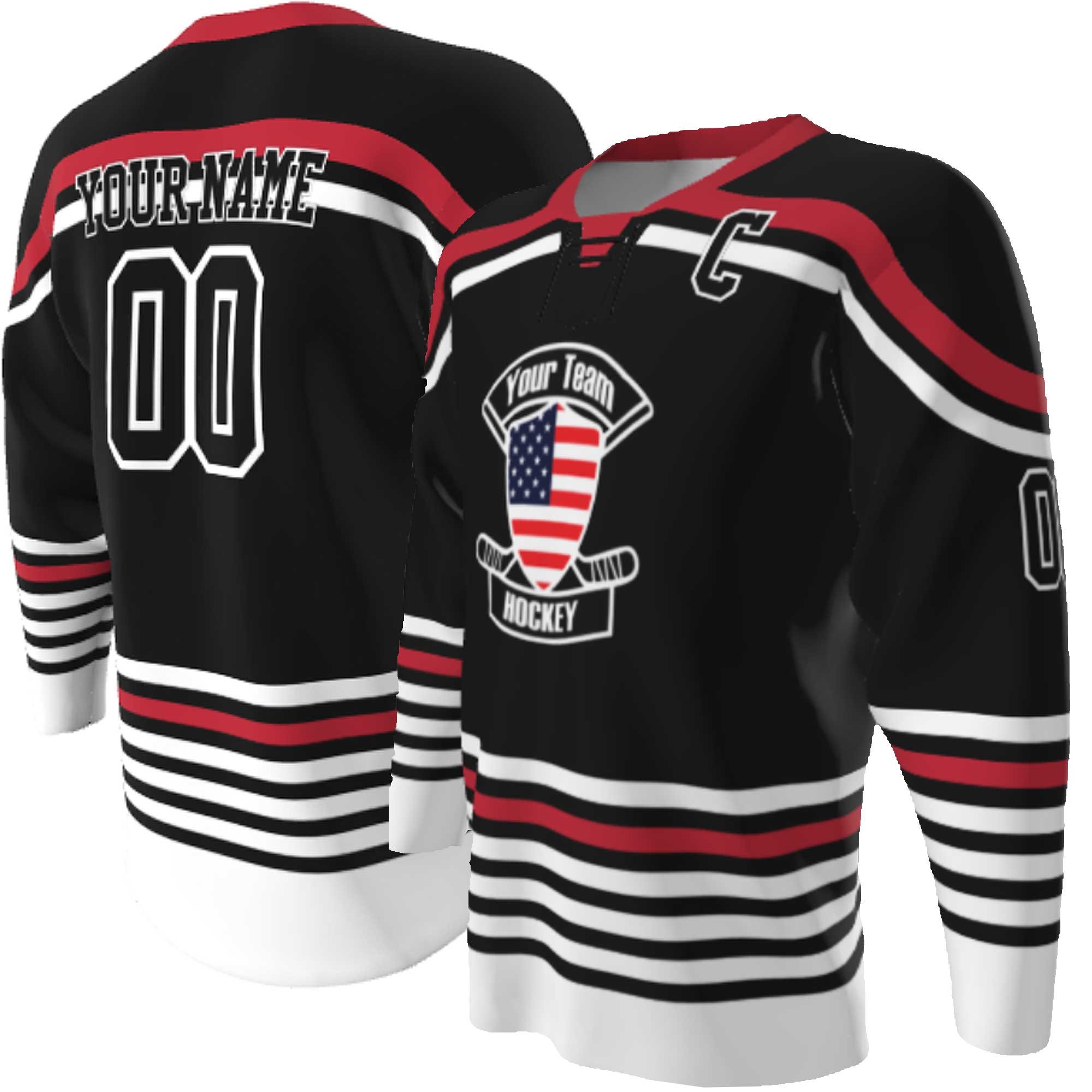 Lace up Neck Custom Hockey Jerseys - USA Shield Your Team Hockey Design, Multi stripe, Player Name and Numbers