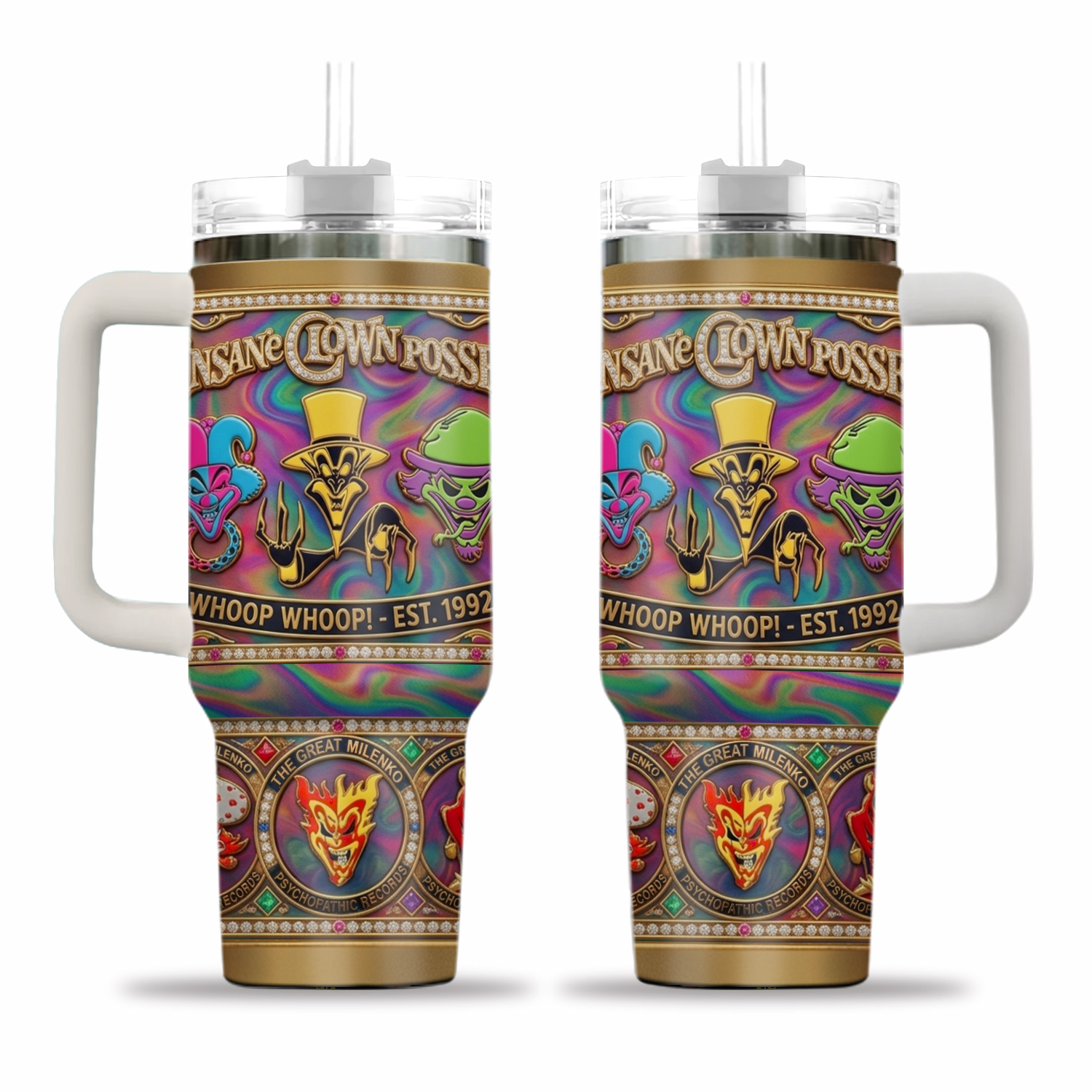 Insane Clown Posse Stainless Steel Tumbler with Handle, ICP Whoop Whoop Insulated Travel Mug, Horror Rap Fan Gift, Collector Drinkware