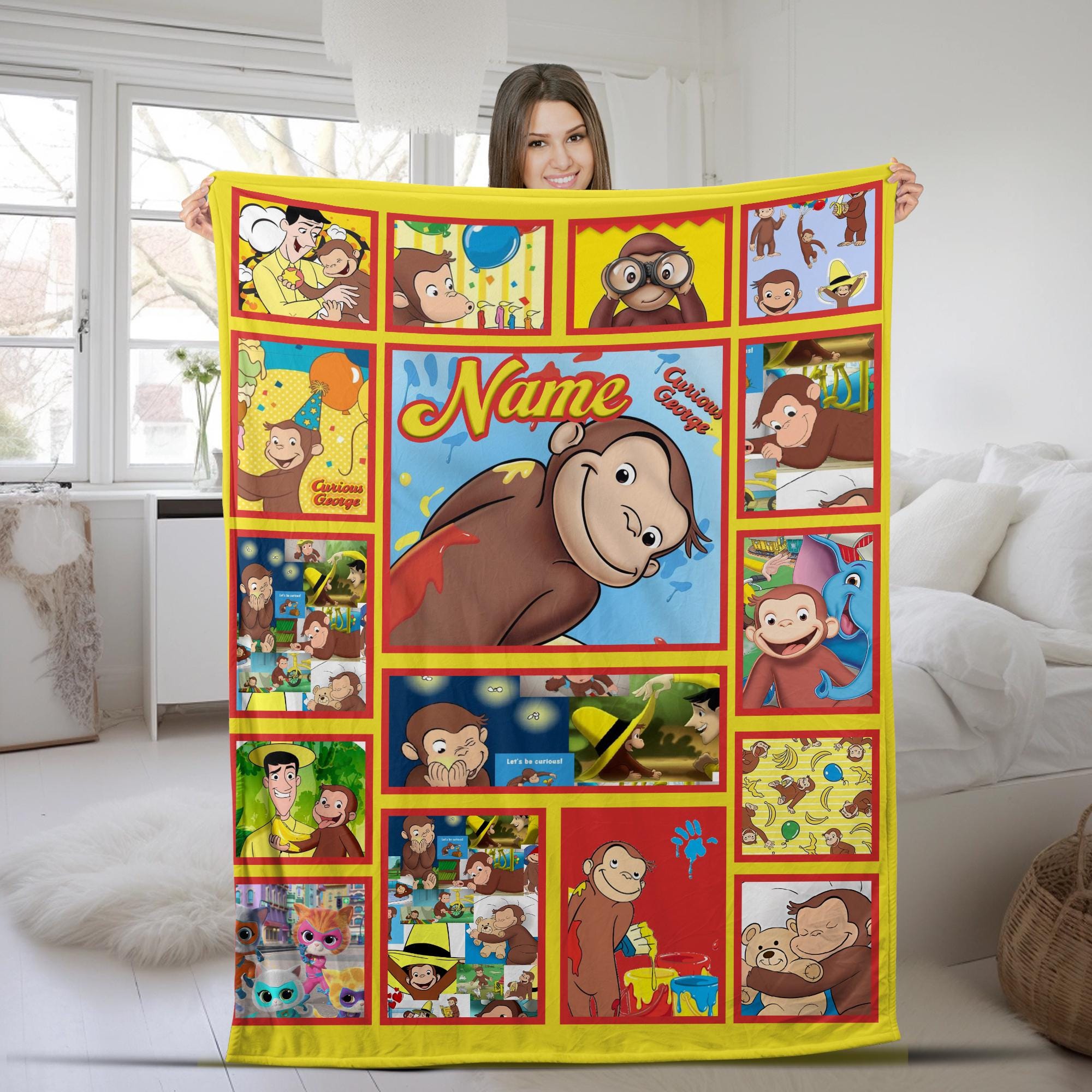 Personalized Curious George Blanket, Curious George Fleece Blanket Couch Sofa, Curious George Fleece, Curious George Birthday Gifts