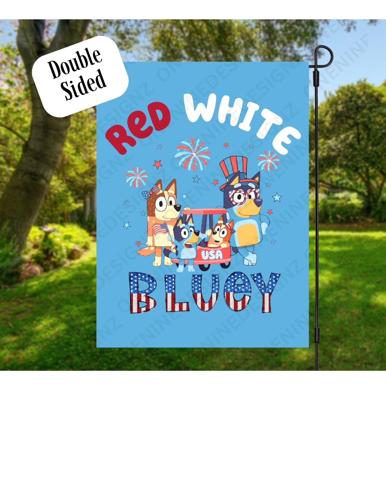 Blueyy Family Red White Blue Garden Flag, Blue Heeler Cartoon Show