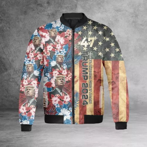 Trump 2024 Make America Great Again Flowers Tropical Bomber Jacket New
