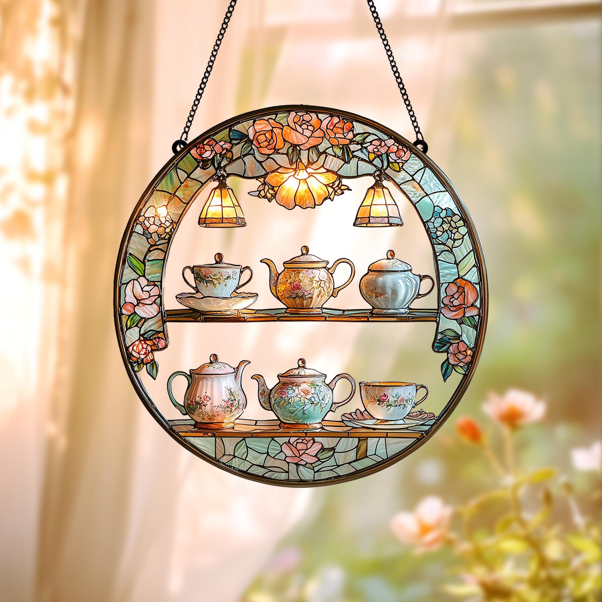 Cottagecore Floral Teacup Shelf Suncatcher, Vintage Tea Lover Window Hanging, Mothers Day Gift, Gift for Mom