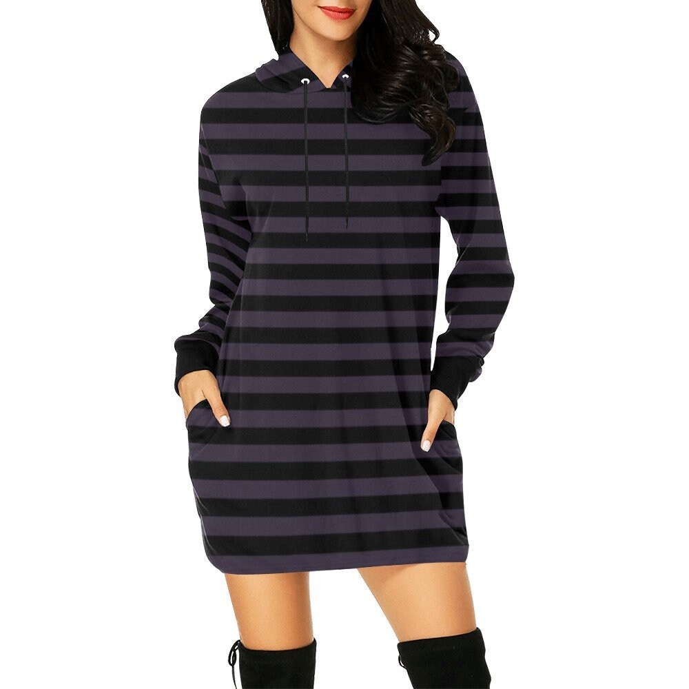 Alternative Striped Black and Dark Purple Halloween Hoodie Dress Long Sleeve, Halloween Cosplay Costume, Gift For Women