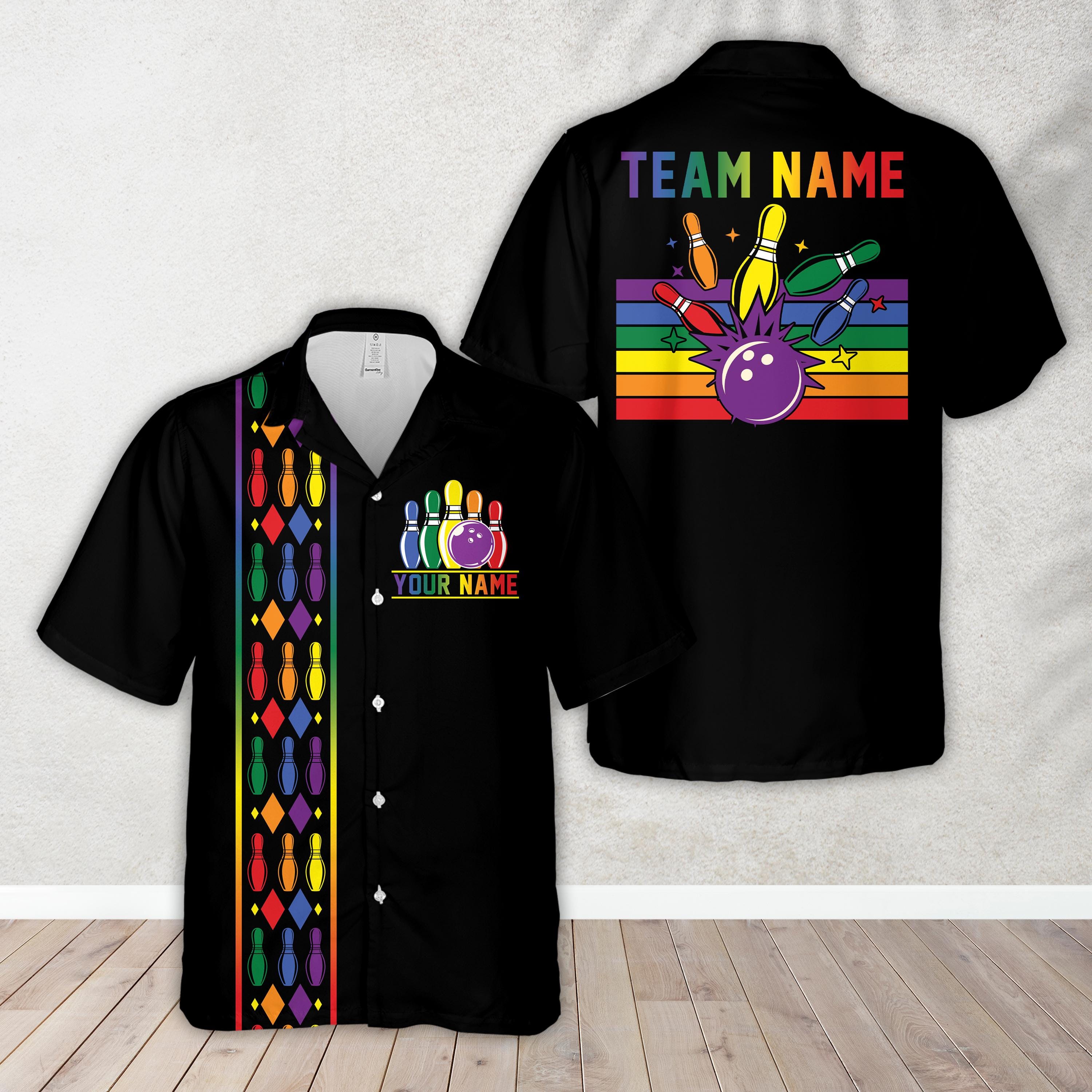 Custom Name Pride Rainbow Bowling Hawaiian Shirt, Personalized Color Bowling Button Up Shirt, Matching Bowling Team Shirt, Gift For Bowler