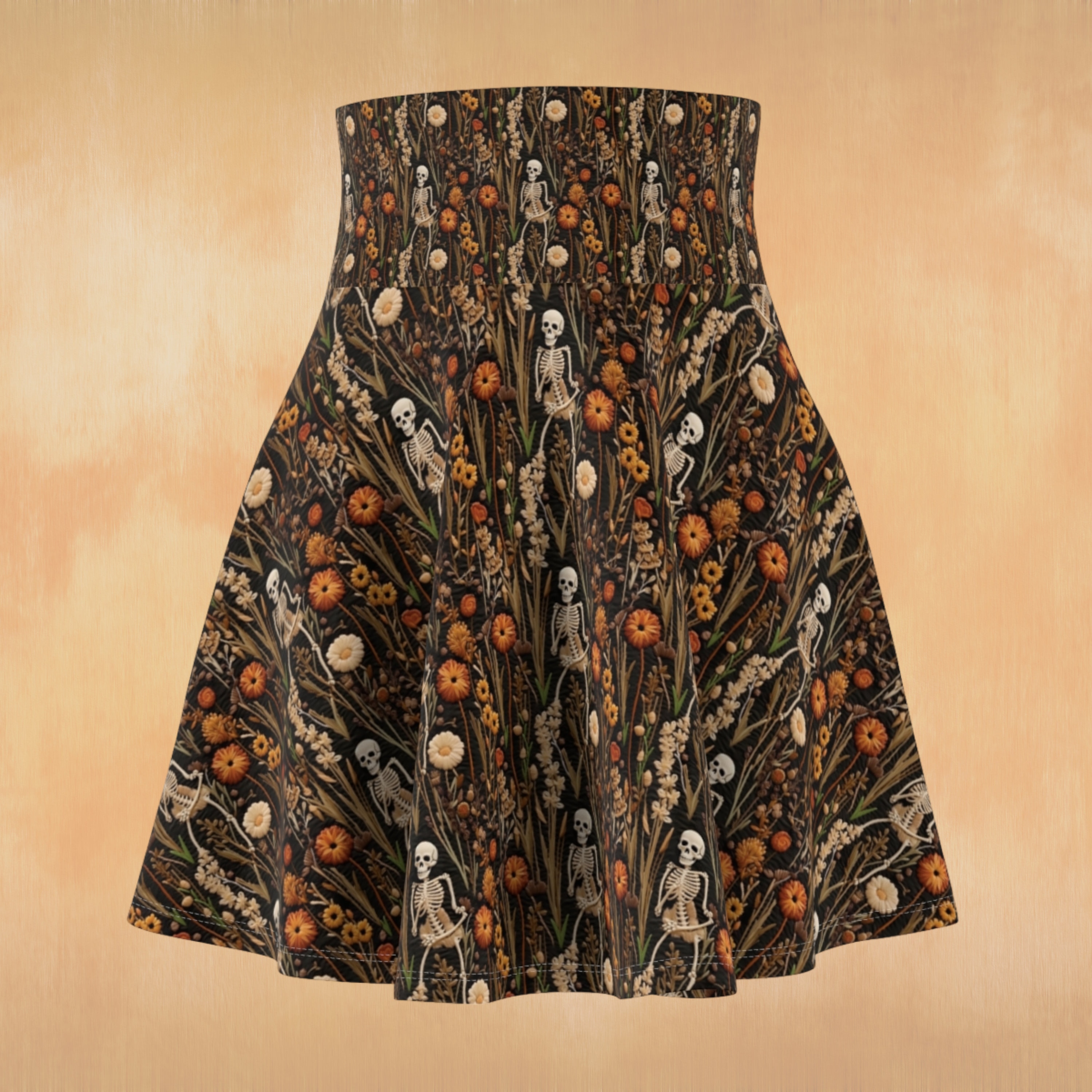 Women's Spooky Harvest Circle Skirt, Pumpkin Skeleton High Waisted Skater Skirt, Thanksgiving Halloween All Size Soft Stretchy Skirt