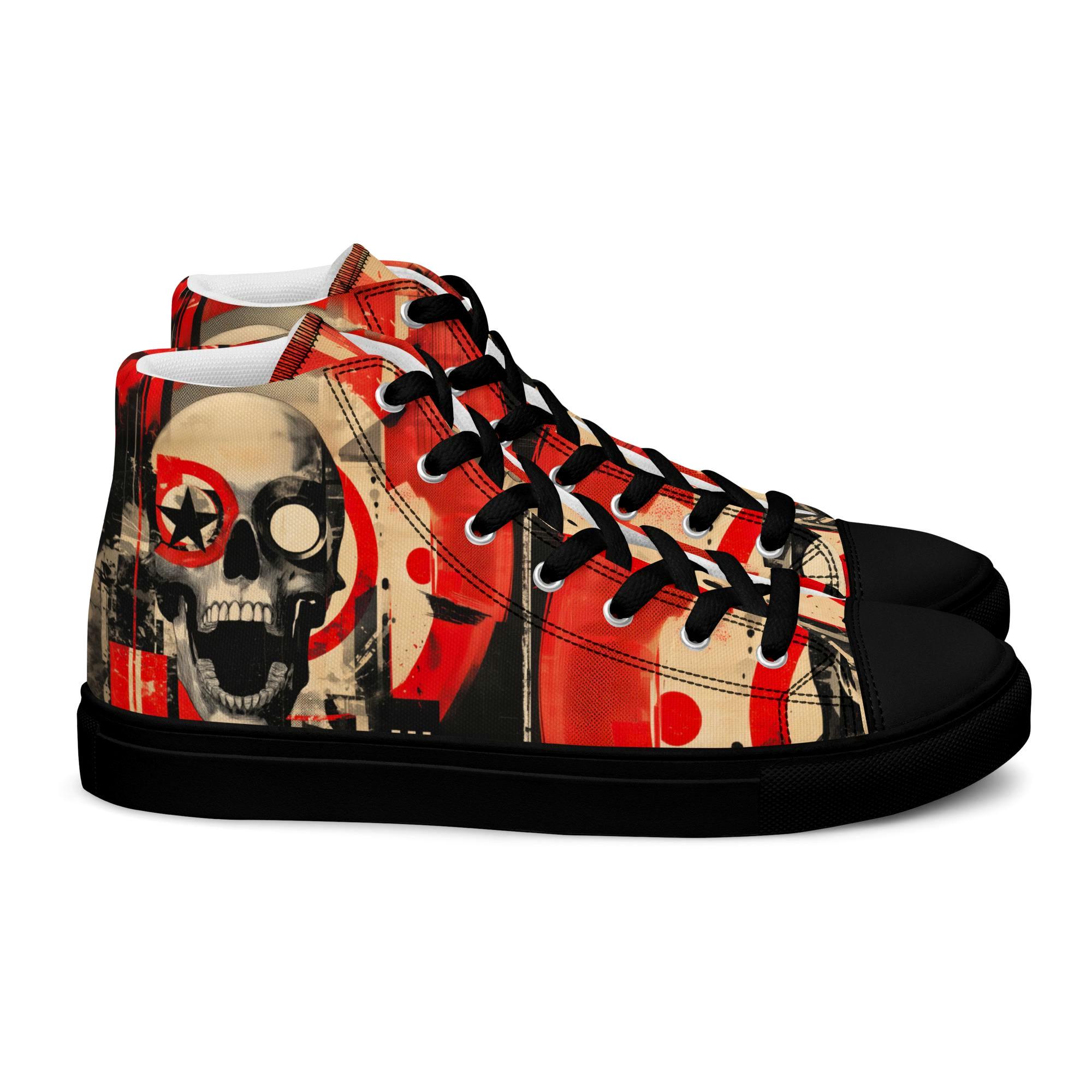 Bonewalker Star Skull Hi Tops High Top Canvas Sneakers, Red and Black Goth Streetwear Statement