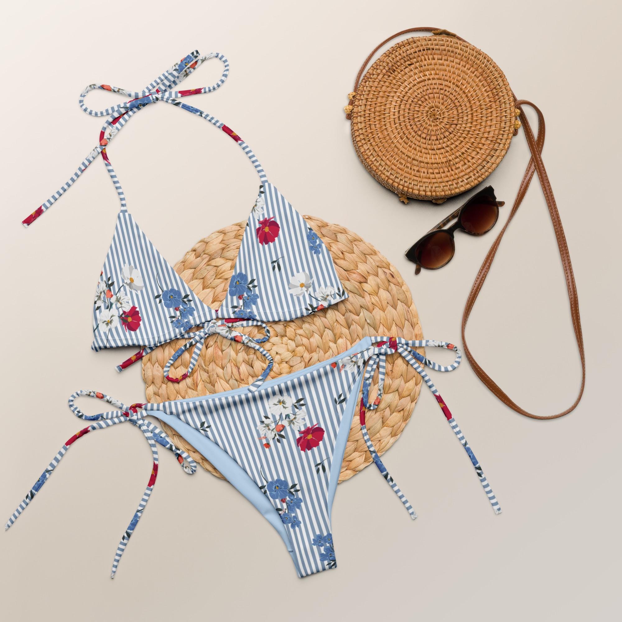 Stripe Padded String Bikini Set for Women - Floral Swimwear for Summer Vacation