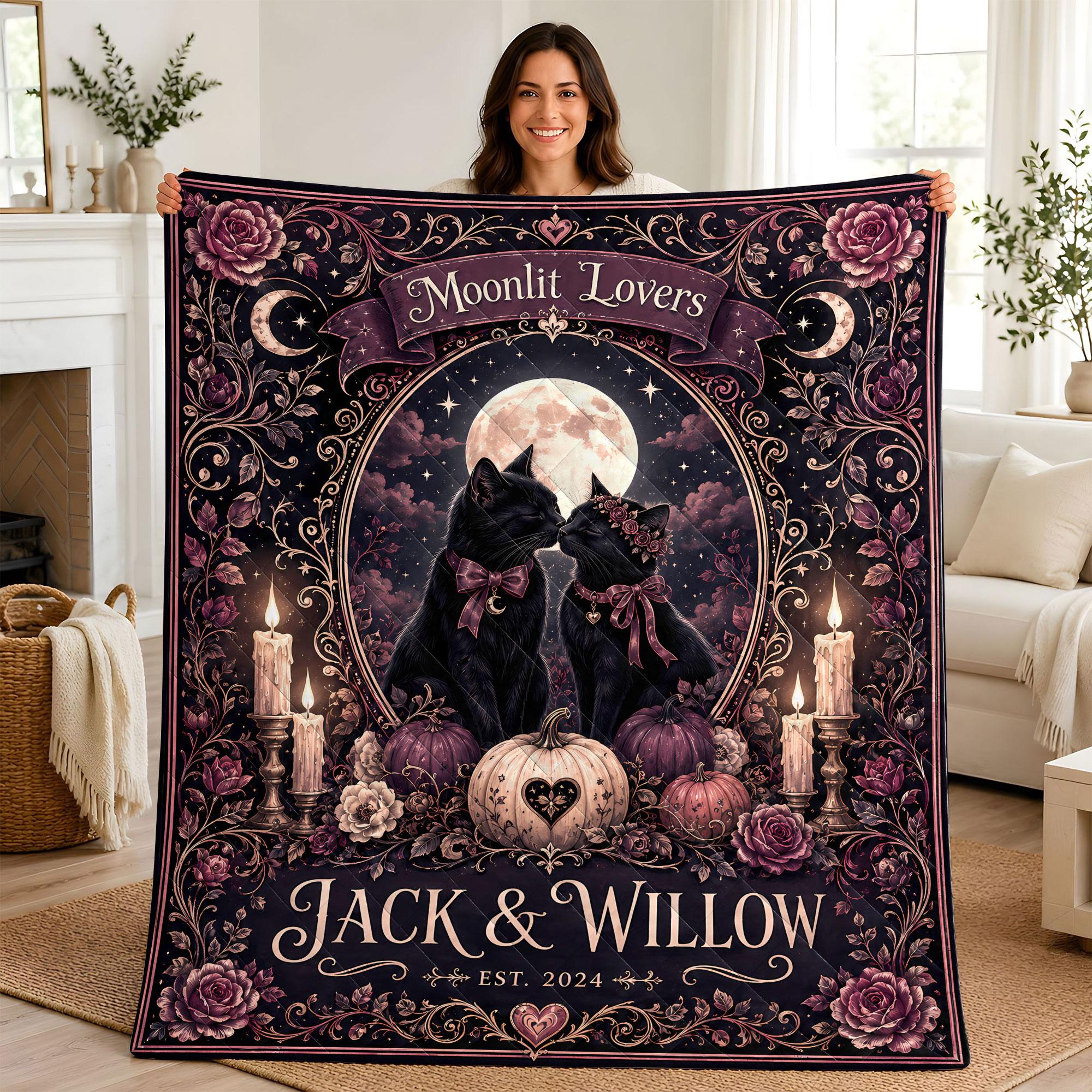 Personalized Moonlit Cat Couple Quilt, Custom Names Gothic Halloween Quilt, Romantic Black Cat Anniversary Keepsake