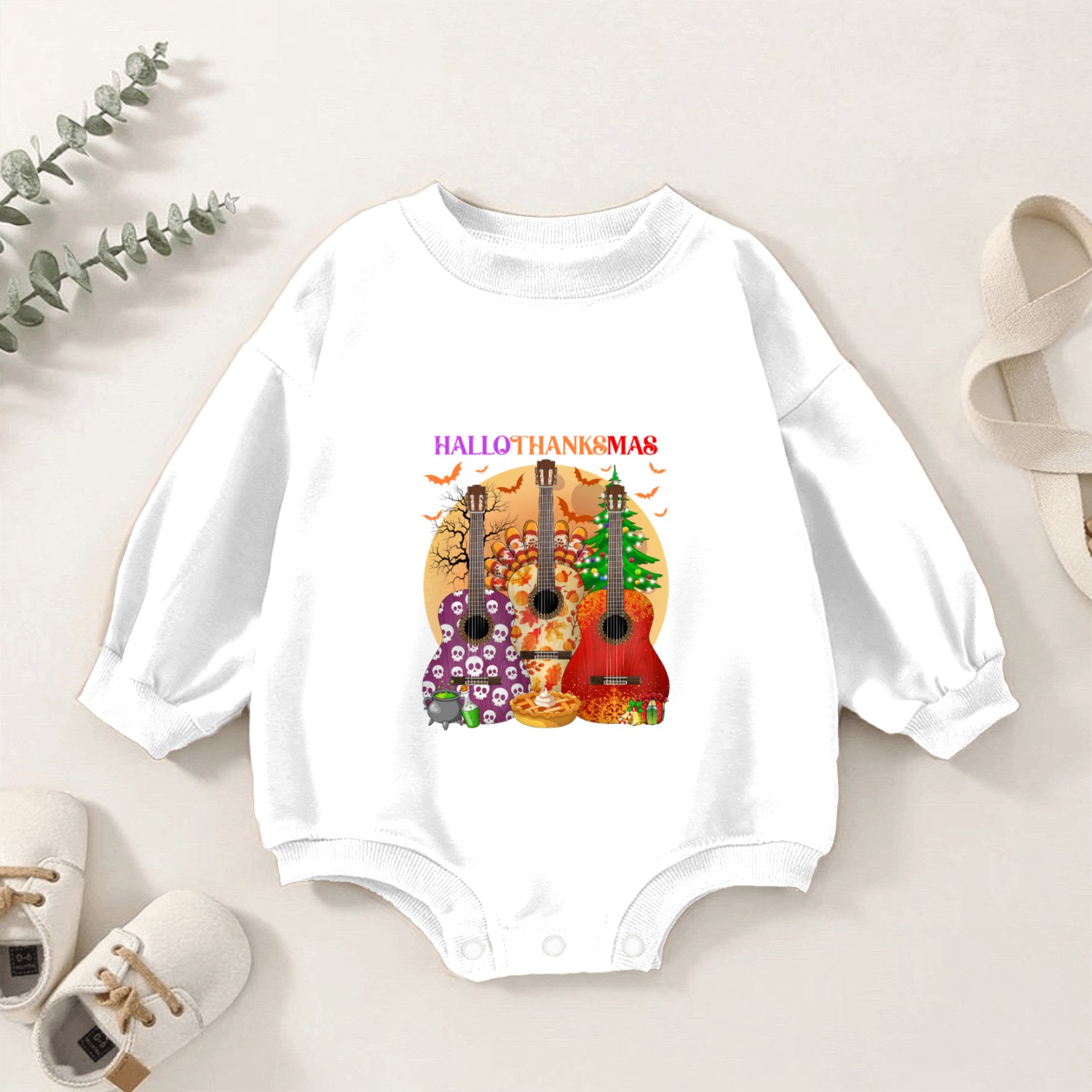 Happy HalloThanksMas Guitar Baby Romper Sweatshirts