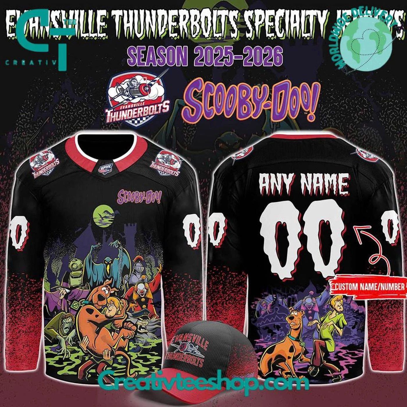 Personalized Evansville Thunderbolts Scooby-Doo Night Men's Hockey Jersey 2025