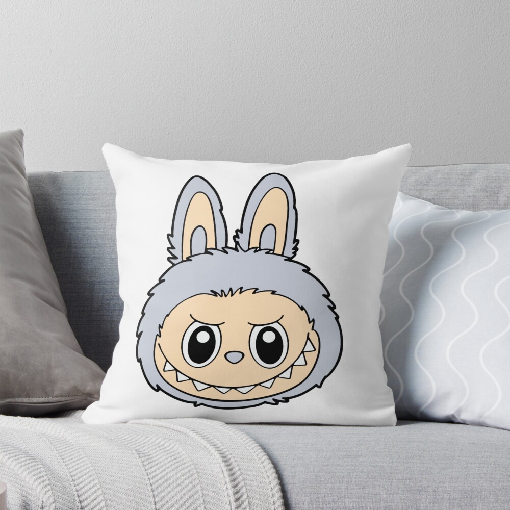 “Frosty Labubu Bunny Head – Soft Grey Mischief with a Bite | Cute Monster Face Art” Pillow
