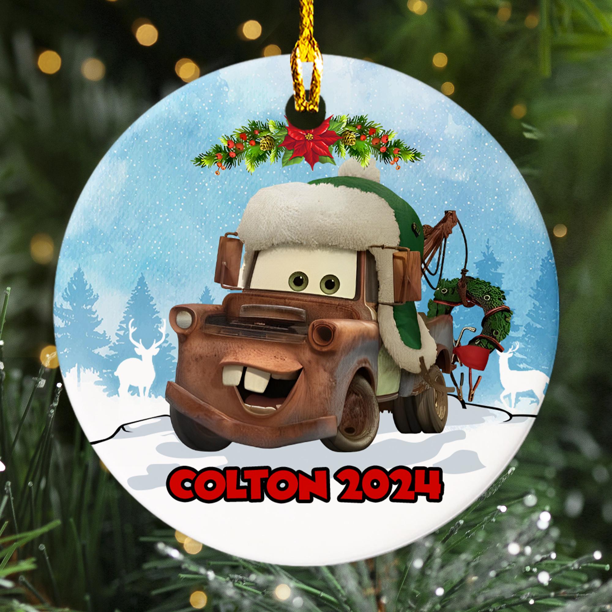 Personalized Racing Car Christmas Ornament, Customized 2024 Christmas Tree Decor, Brown Car Character Gift For Kid, Car Lover Xmas Keepsake