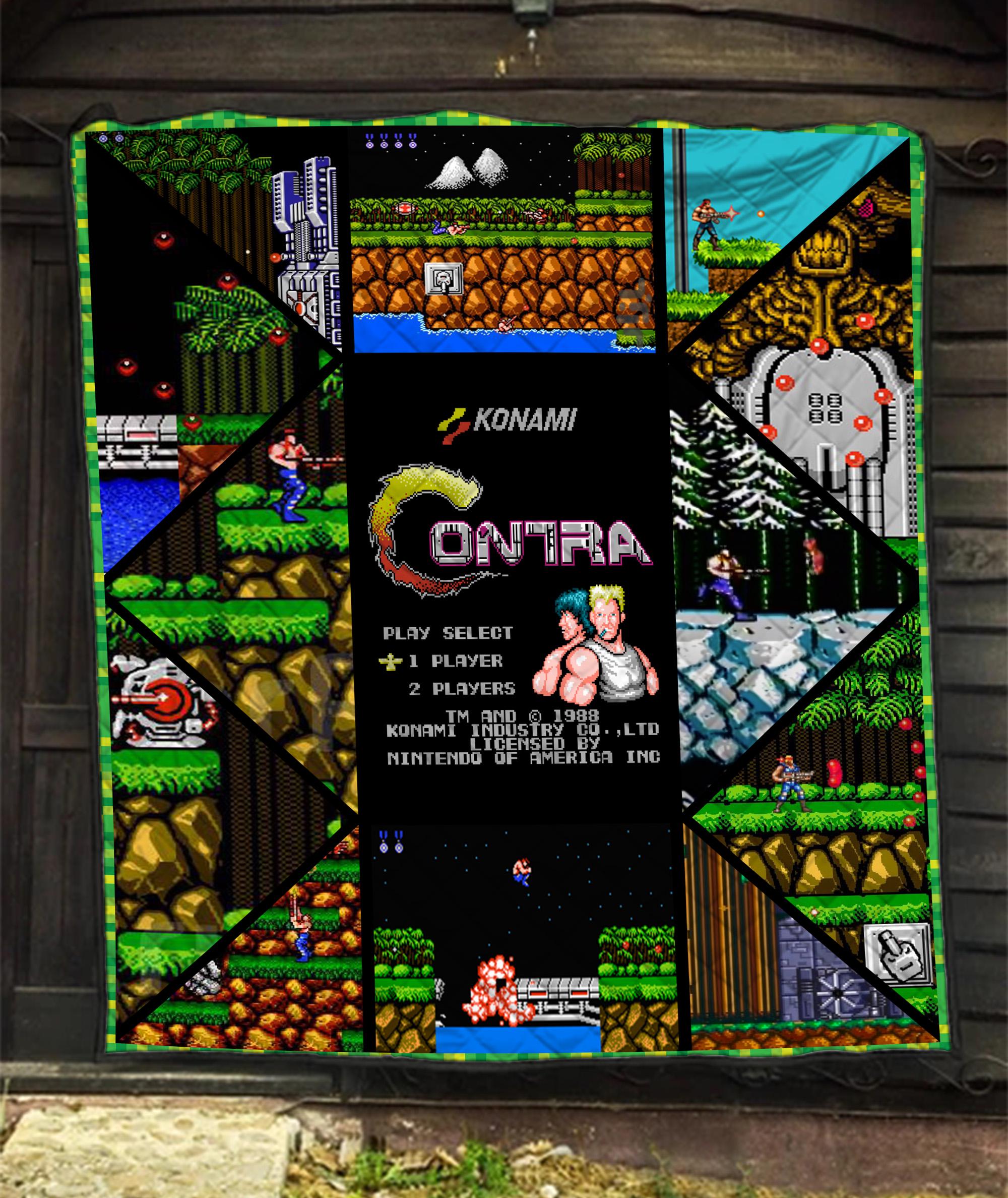 Retro Contra Pixel Art Quilt Blanket, 8 Bit Arcade Gamer Quilt