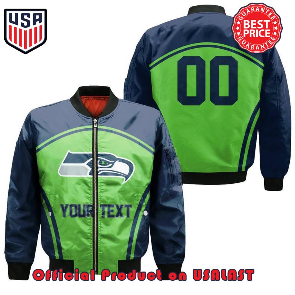 SEATTLE SEAHAWKS BOMBER JACKET 3D PRINTED CUSTOM TEXT AND NUMBER CURVE STYLE SPORT