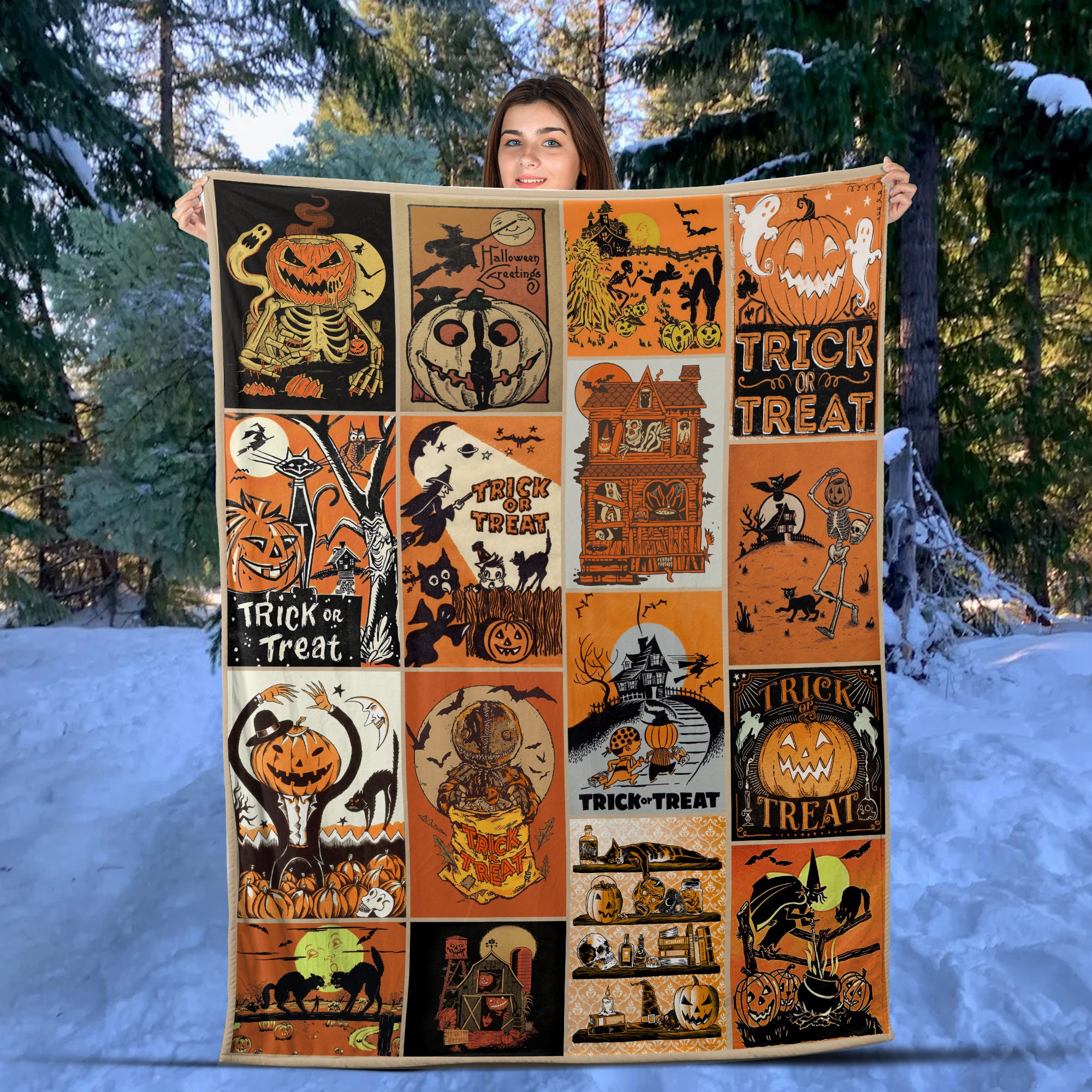 Vintage Spooky Season Halloween Woven Blanket, Retro Jack-o'-lantern Pumpkin Blanket, Halloween watching movie blanket, Halloween Gift