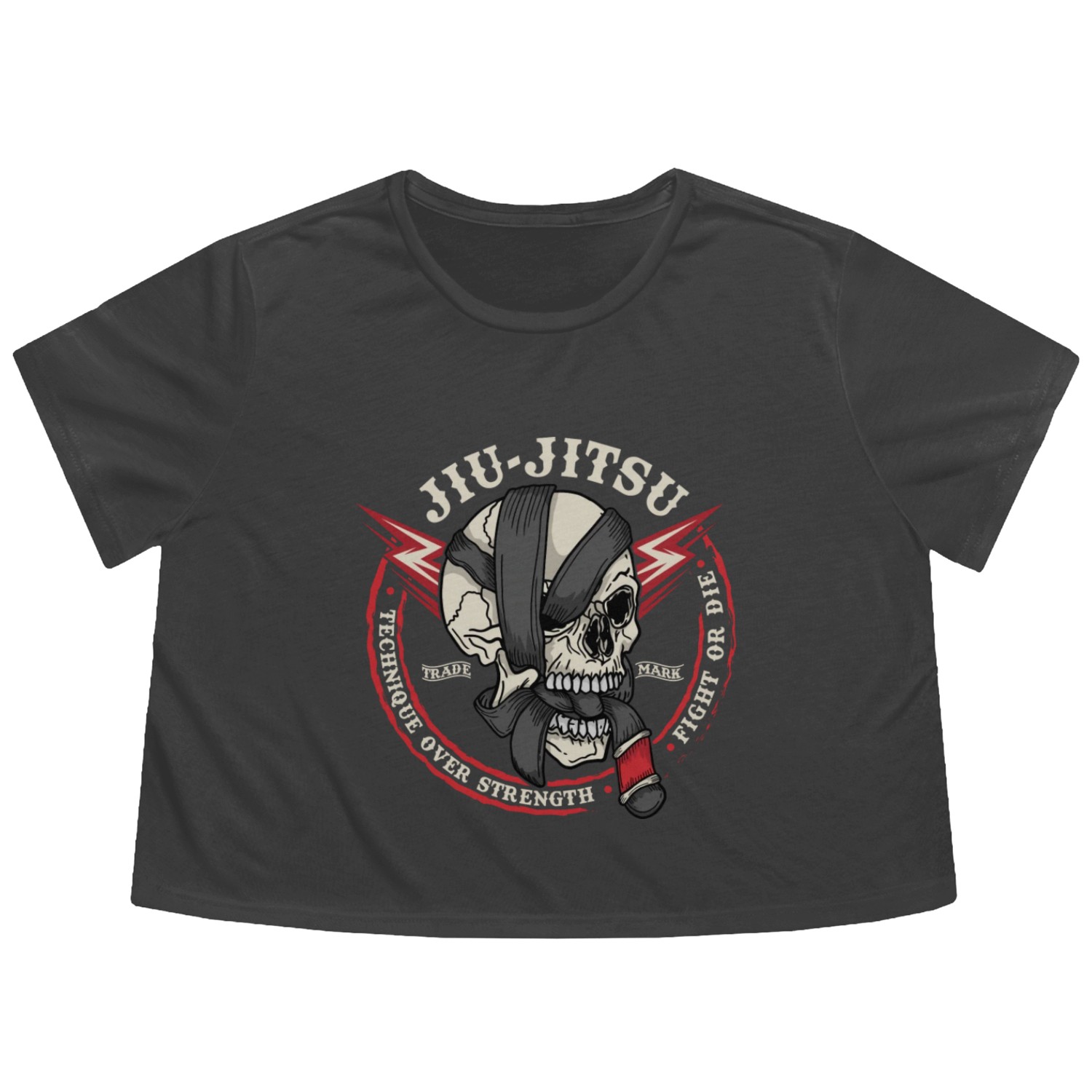 BJJ Skull - Fight or Die, Technique Over Strength Flowy Cropped Tees
